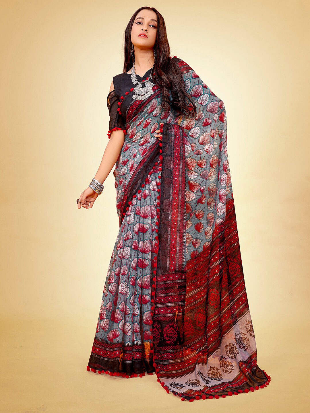 Anouk Floral Printed Saree, Grey