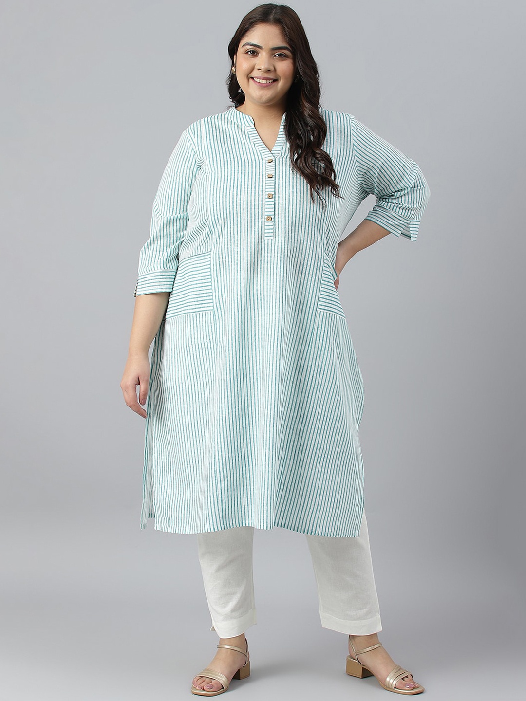 AURELIA Plus Size Striped Band Collar Panelled Straight Pure Cotton Kurta, Sea green
AURELIA Plus Size Striped Band Collar Panelled Straight Pure Cotton Kurta, Sea green
