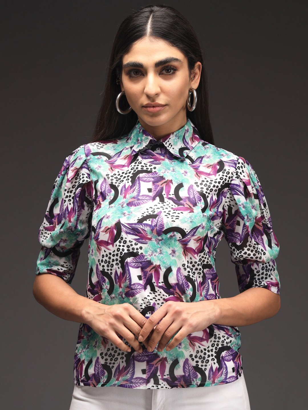 VALBONE Shirt Collar Floral Printed Georgette Top, Purple
