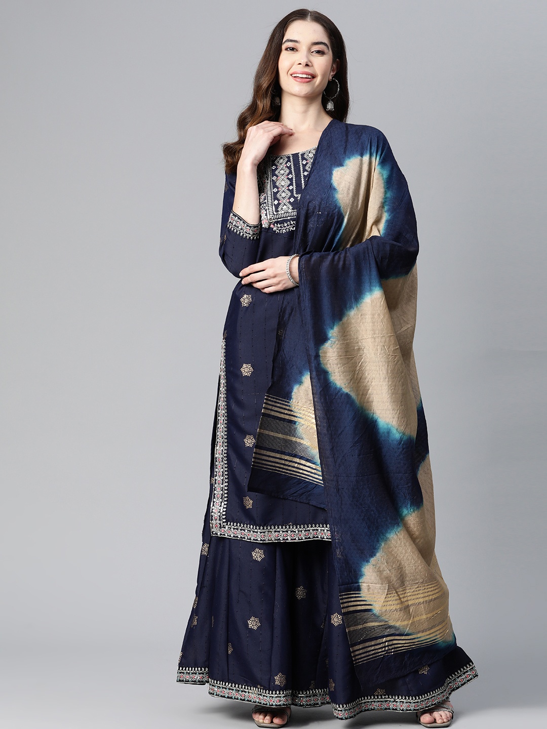 Readiprint Fashions Floral Embroidered Mirror Work Kurti with Sharara & With Dupatta, Navy blue
Readiprint Fashions Floral Embroidered Mirror Work Kurti with Sharara & With Dupatta, Navy blue