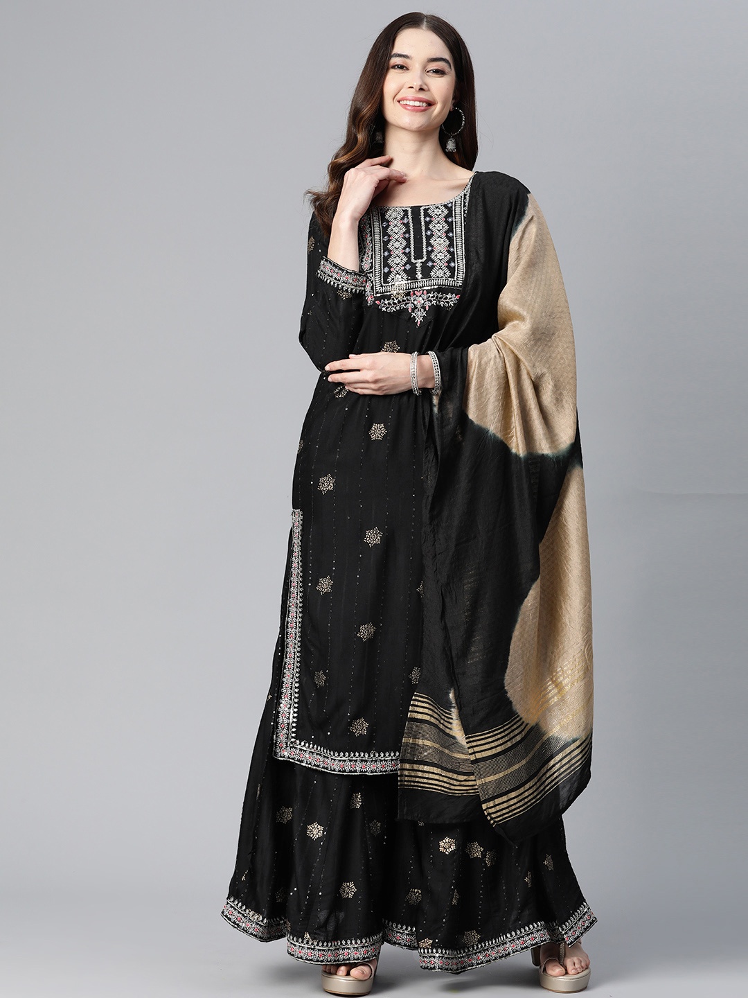 Readiprint Fashions Floral Yoke Design Mirror Work Kurta with Sharara & Dupatta, Black
Readiprint Fashions Floral Yoke Design Mirror Work Kurta with Sharara & Dupatta, Black