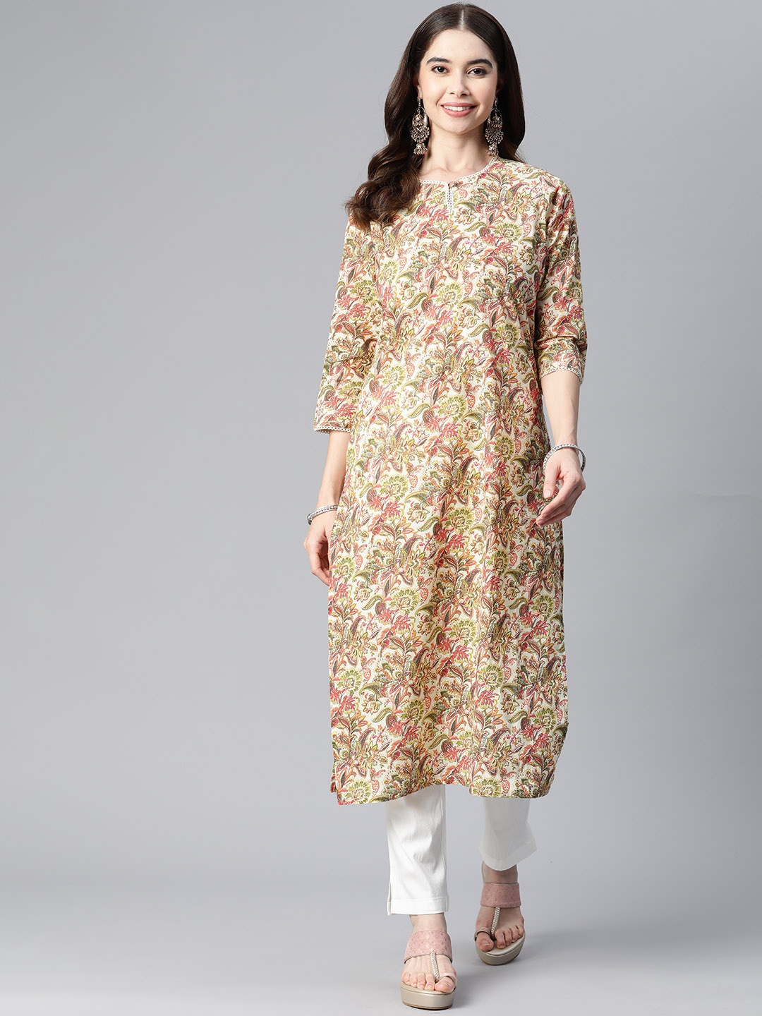 Readiprint Fashions Floral Printed Keyhole Neck Floral Kurta, Beige