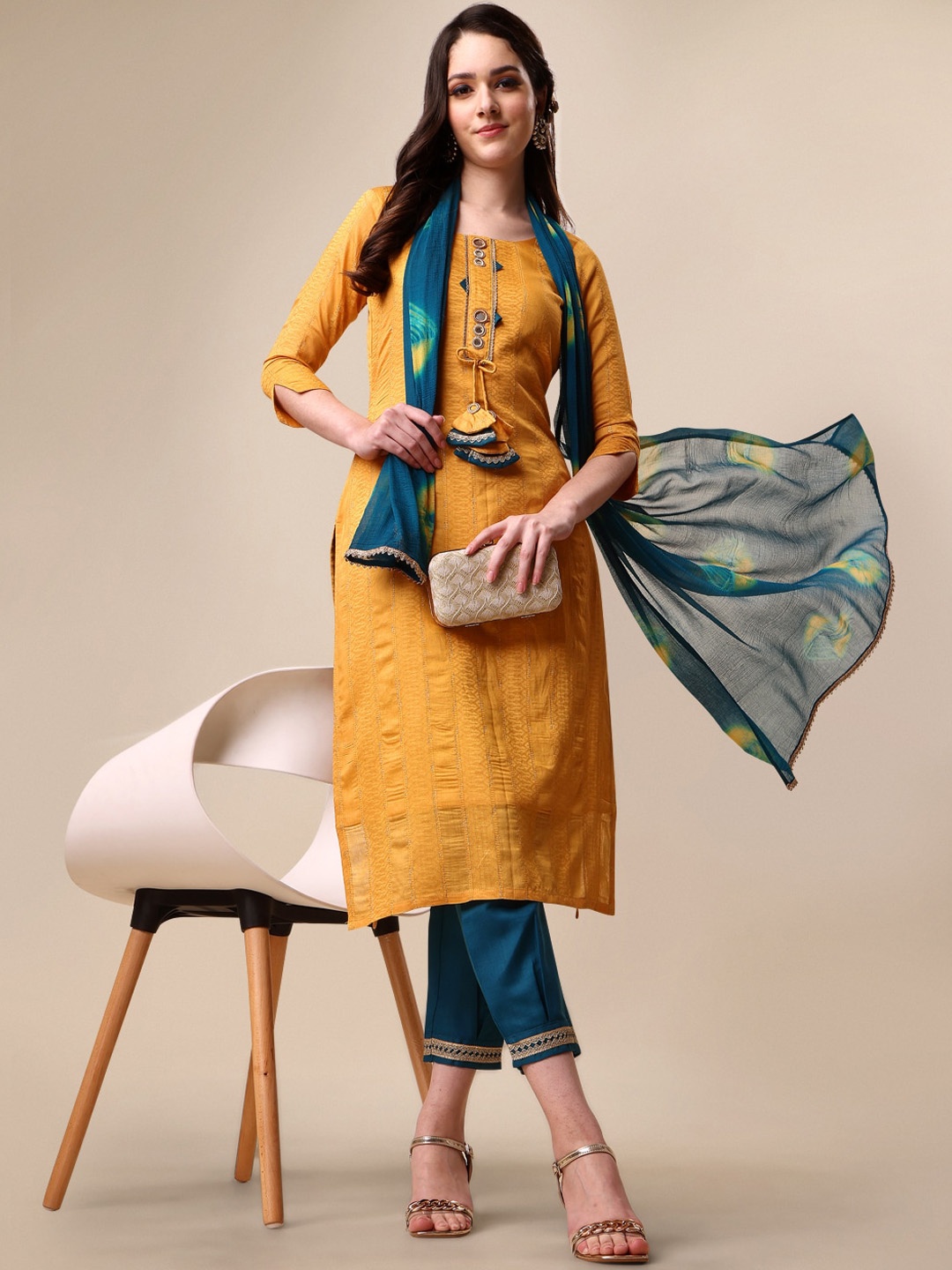 KALINI Woven Design Mirror Work Straight Kurta with Trousers Ombre Ombre Dupatta Set, Mustard
KALINI Woven Design Mirror Work Straight Kurta with Trousers Ombre Ombre Dupatta Set, Mustard