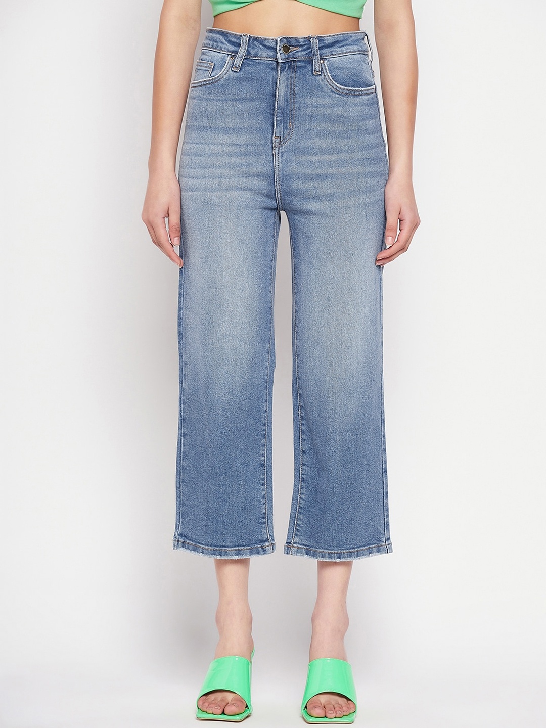 Madame Women Heavy Fade Whiskers and Chevrons Cropped Cotton Wide Leg Jeans, Blue
Madame Women Heavy Fade Whiskers and Chevrons Cropped Cotton Wide Leg Jeans, Blue