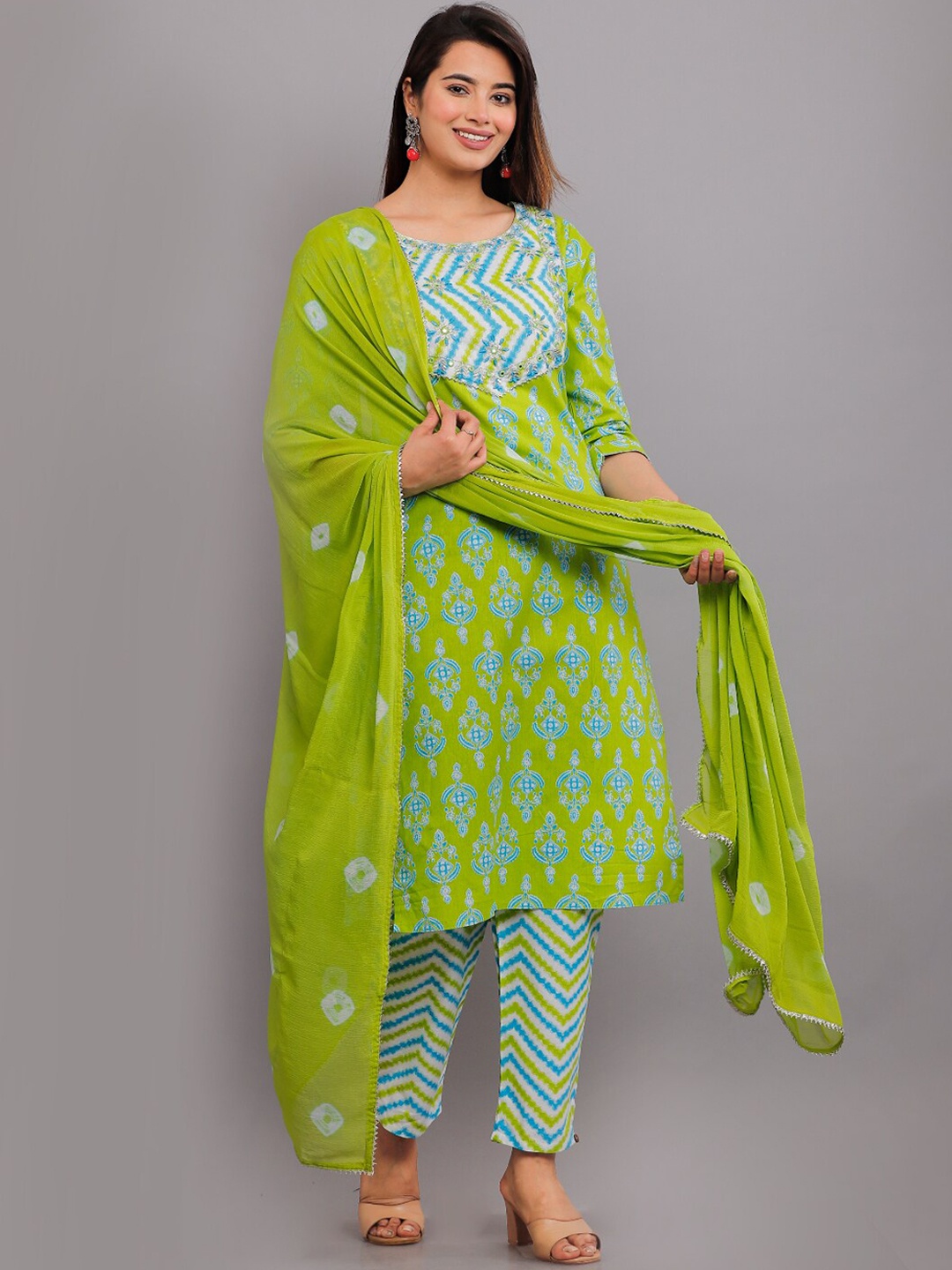 KALINI Ethnic Motifs Printed Mirror Work Pure Cotton Kurta with Trousers & Dupatta, Green
KALINI Ethnic Motifs Printed Mirror Work Pure Cotton Kurta with Trousers & Dupatta, Green