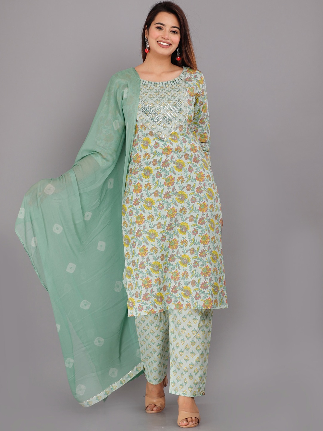 KALINI Round Neck Floral Printed Sequinned Pure Cotton Kurta With Trousers & Dupatta, Green
KALINI Round Neck Floral Printed Sequinned Pure Cotton Kurta With Trousers & Dupatta, Green