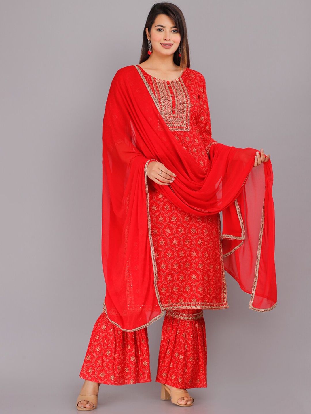 KALINI Floral Printed Sequinned Kurta with Sharara & With Dupatta, Red
