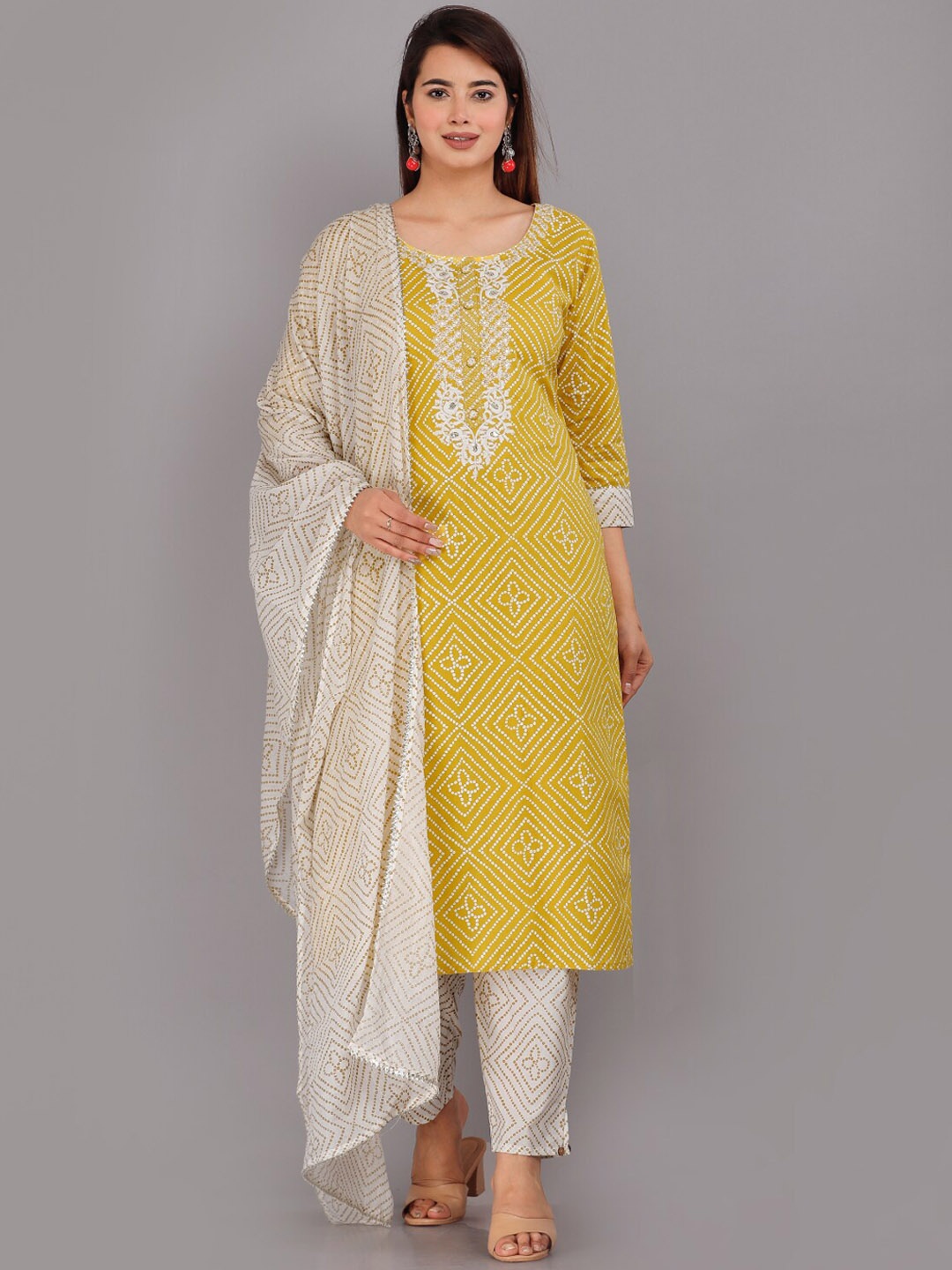 KALINI Bandhani Printed Thread Work Pure Cotton Kurta with Trousers & Dupatta, Yellow
KALINI Bandhani Printed Thread Work Pure Cotton Kurta with Trousers & Dupatta, Yellow
