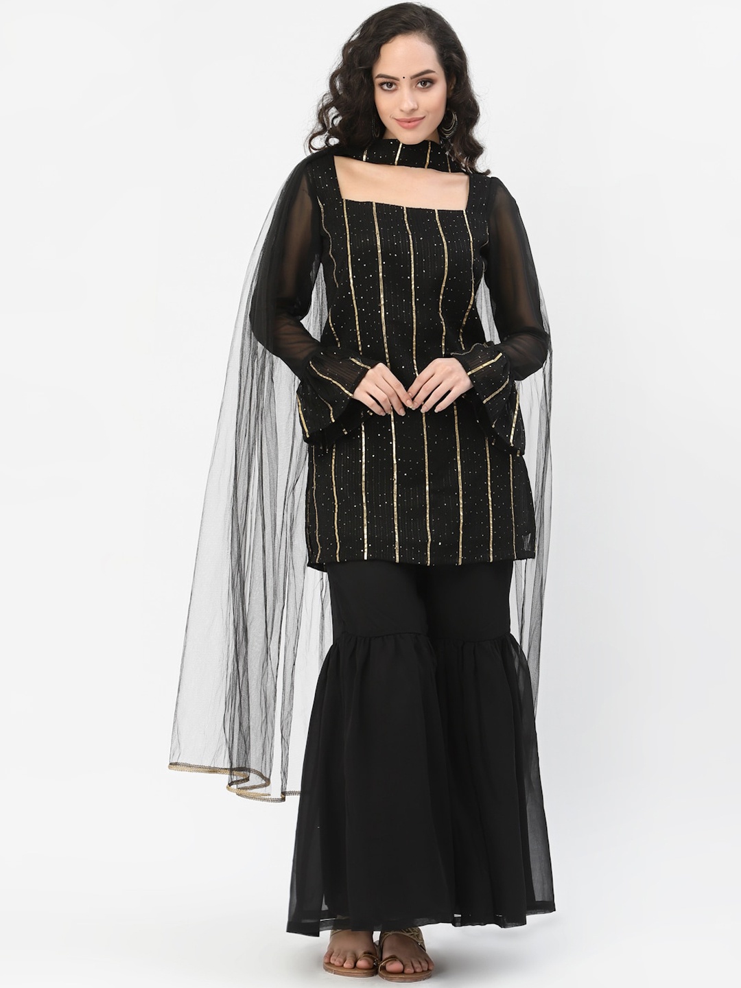 studio rasa Square Neck Bell Sleeves Embroidered Sequinned Kurti with Sharara & Dupatta, Black
studio rasa Square Neck Bell Sleeves Embroidered Sequinned Kurti with Sharara & Dupatta, Black