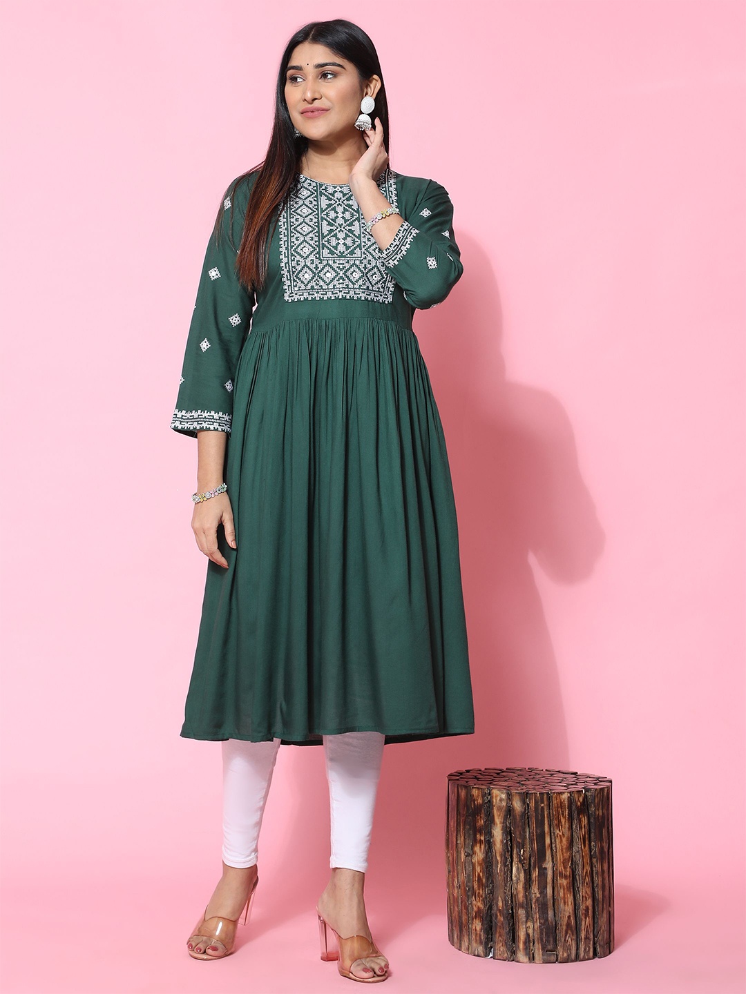 KALINI Women Ethnic Motifs Yoke Design Anarkali Kurta, Green