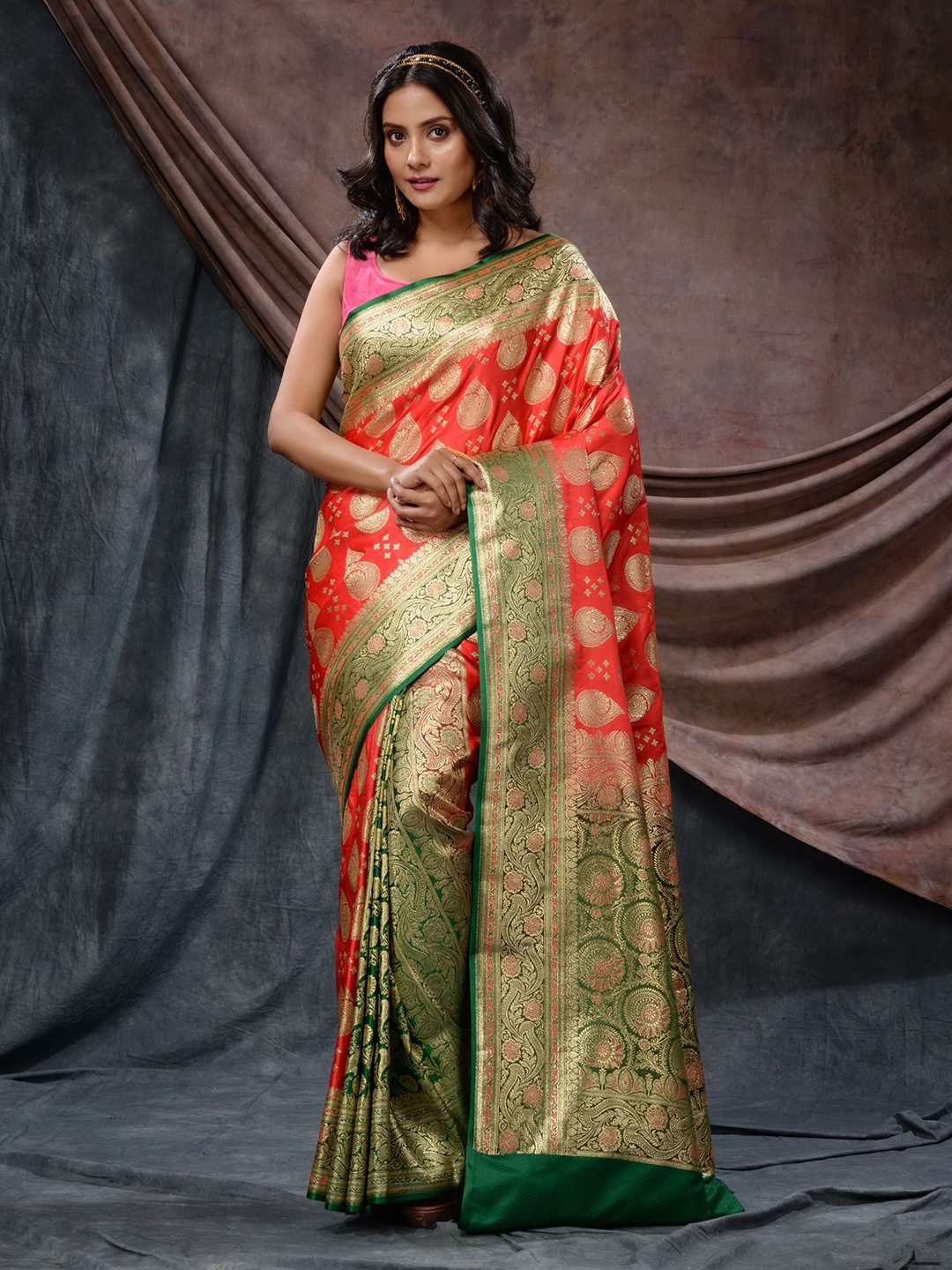 Charukriti Ethinic Motifs Zari Banarasi Saree, Pink