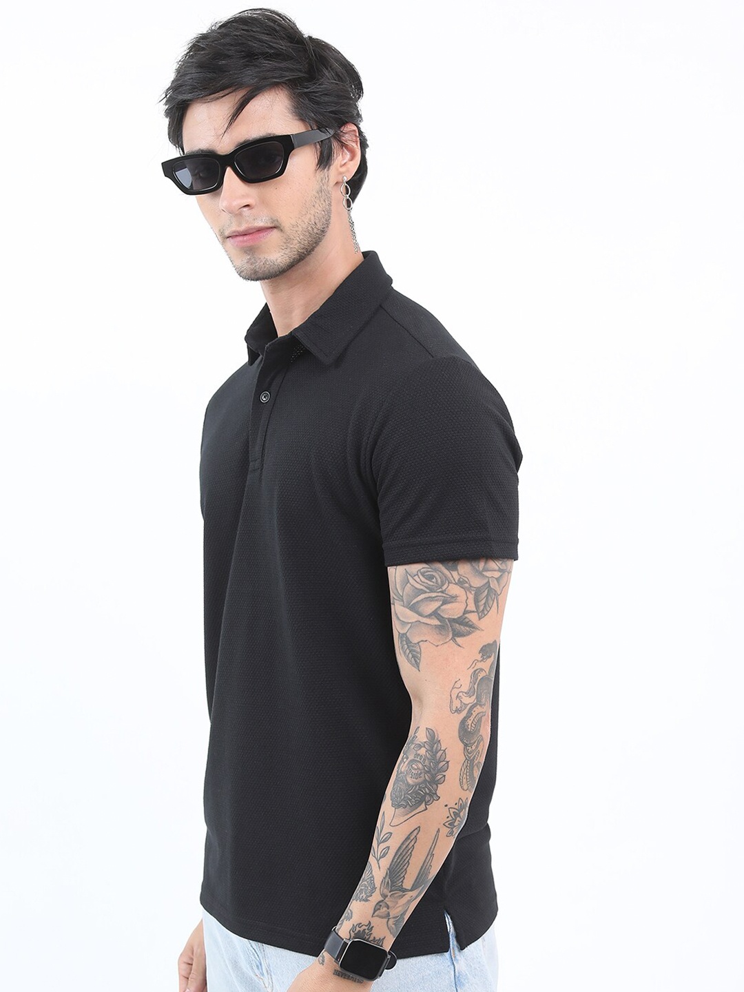 HIGHLANDER Men Popcorn Structured Polo Neck T-shirt, Black