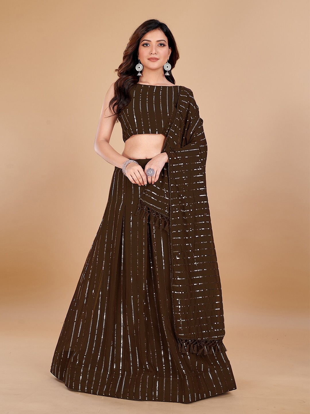 Mitera Sequinned Semi-Stitched Lehenga & Unstitched Blouse With Dupatta, Brown