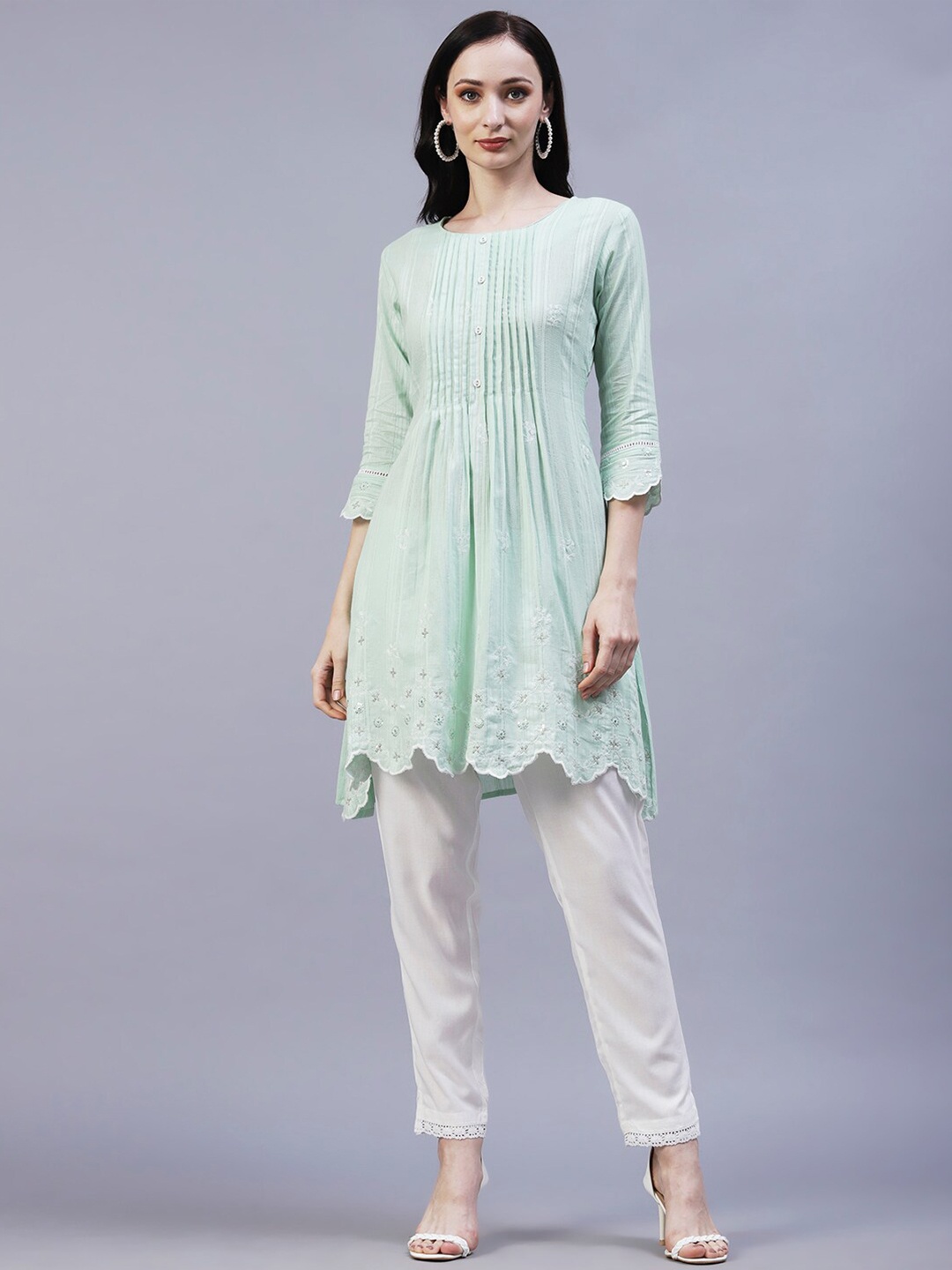FASHOR Floral Embroidered Scalloped Pleated A-line Pure Cotton Kurti with Trousers, Green
FASHOR Floral Embroidered Scalloped Pleated A-line Pure Cotton Kurti with Trousers, Green