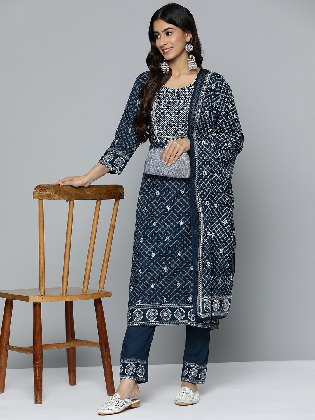 HERE&NOW Ethnic Motifs Print Mirror Work Embroidery Detail Kurta Set With Dupatta, Teal
HERE&NOW Ethnic Motifs Print Mirror Work Embroidery Detail Kurta Set With Dupatta, Teal