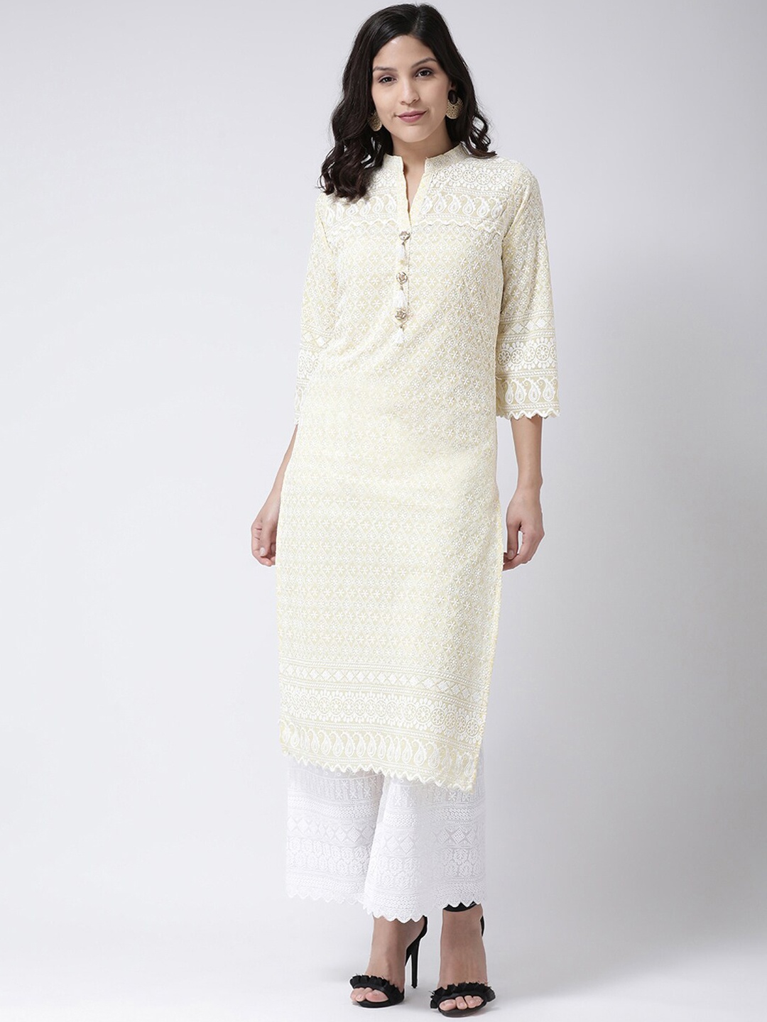 Charitra Mandarin Collar Ethnic Motifs Embroidered Chikankari Kurta with Palazzos, Yellow
Charitra Mandarin Collar Ethnic Motifs Embroidered Chikankari Kurta with Palazzos, Yellow