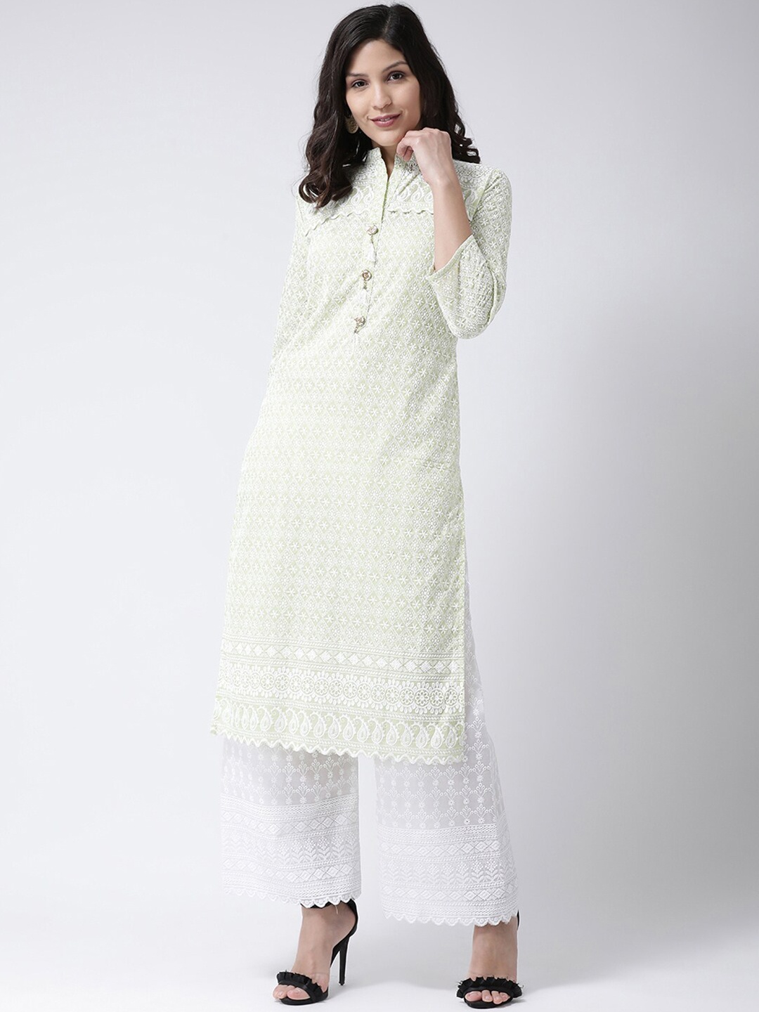 Charitra Mandarin Collar Ethnic Motifs Embroidered Kurta with Palazzos, Green
Charitra Mandarin Collar Ethnic Motifs Embroidered Kurta with Palazzos, Green