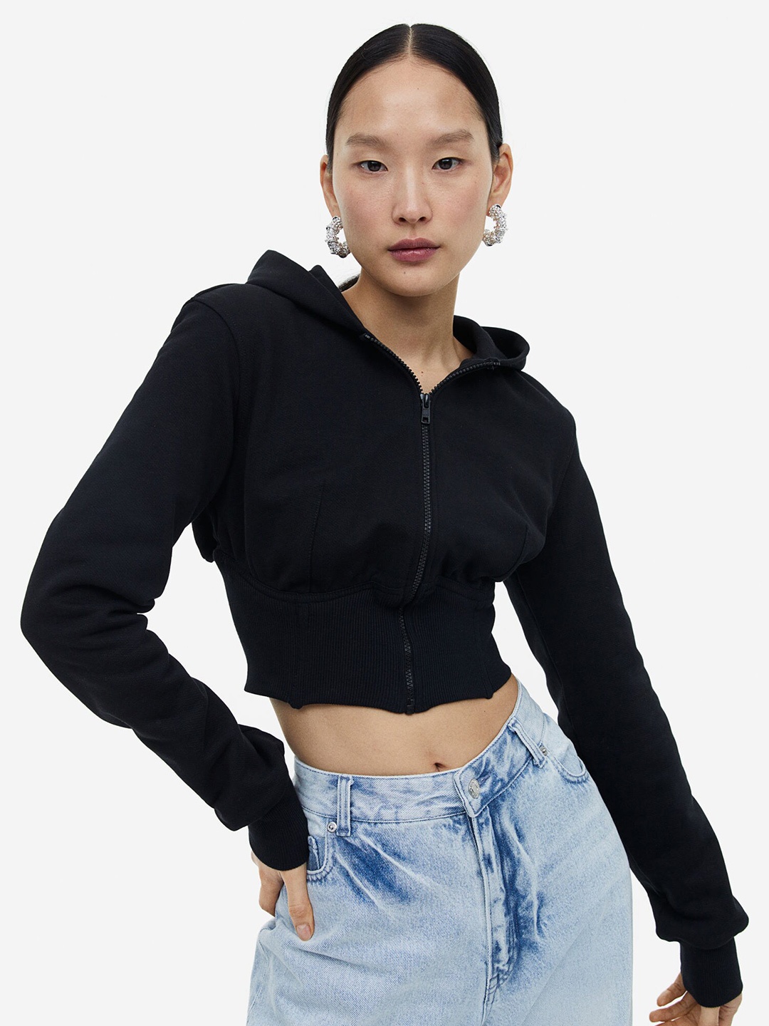 H&M Women Cropped Zip-Through Hoodie, Black