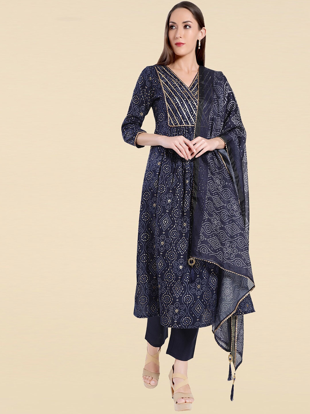 MADHURAM Women Blue Bandhani Printed Pleated Gotta Patti Kurta with Trousers & With Dupatta
MADHURAM Women Blue Bandhani Printed Pleated Gotta Patti Kurta with Trousers & With Dupatta