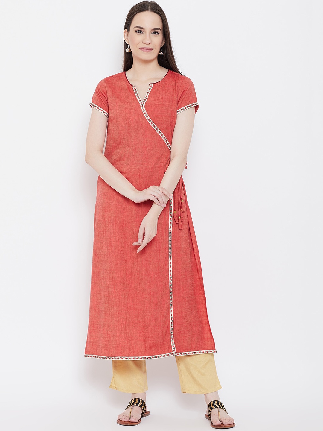 Be Indi Women Solid Cotton Angrakha Kurta, Red