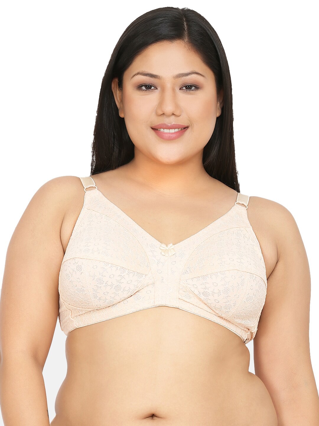 Curvy Love Plus Size Floral Lace Non Padded No Sag Full Coverage Cotton Bra, Beige