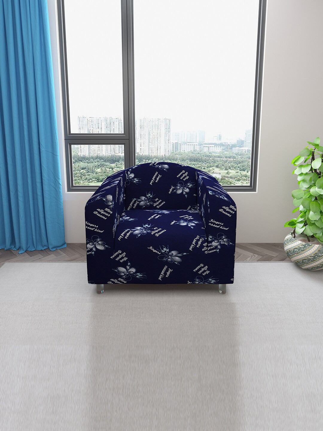 DREAM CARE Blue & White Printed Stretchable 1-Seater Sofa Cover With Anti Slip Foam Sticks, Navy blue 
DREAM CARE Blue & White Printed Stretchable 1-Seater Sofa Cover With Anti Slip Foam Sticks, Navy blue