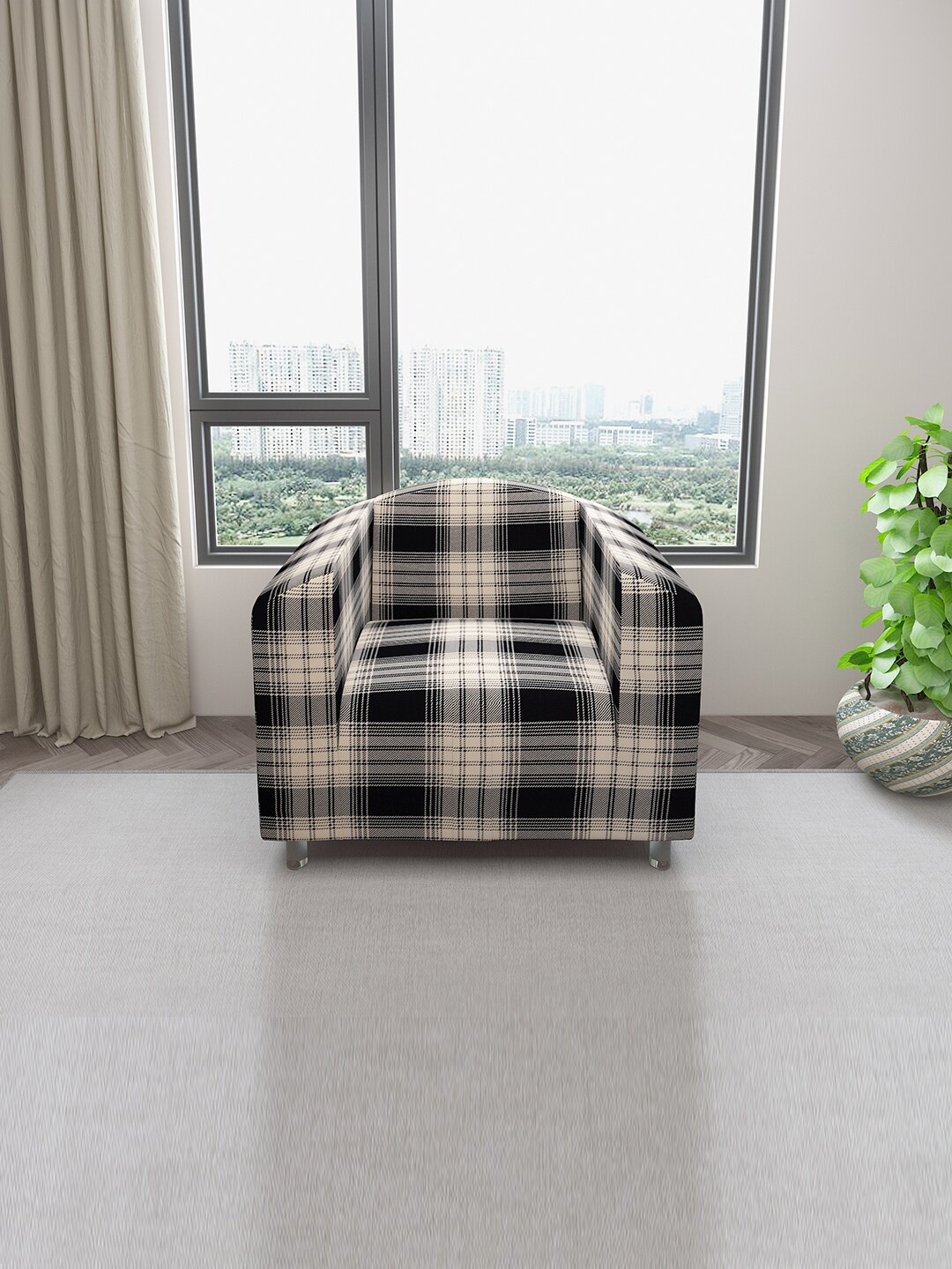 DREAM CARE Beige & Black Checks Printed Stretchable 1-Seater Sofa Cover With Anti Slip Foam Sticks
DREAM CARE Beige & Black Checks Printed Stretchable 1-Seater Sofa Cover With Anti Slip Foam Sticks