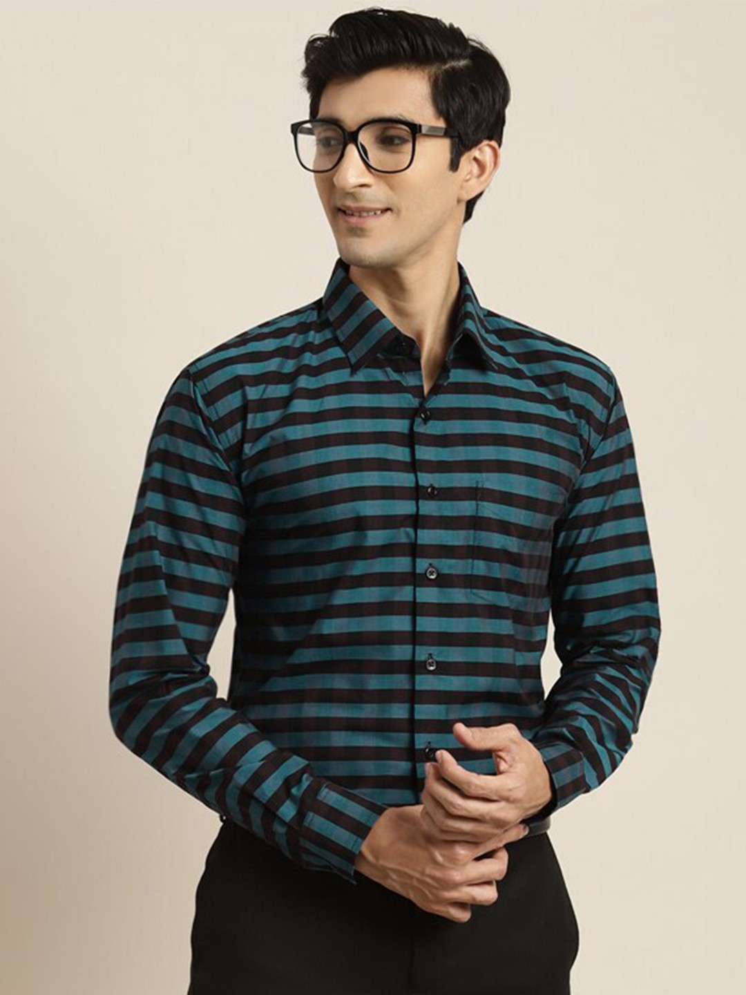 Hancock Slim Fit Horizontal Striped Cotton Formal Shirt, Turquoise blue 
Hancock Slim Fit Horizontal Striped Cotton Formal Shirt, Turquoise blue