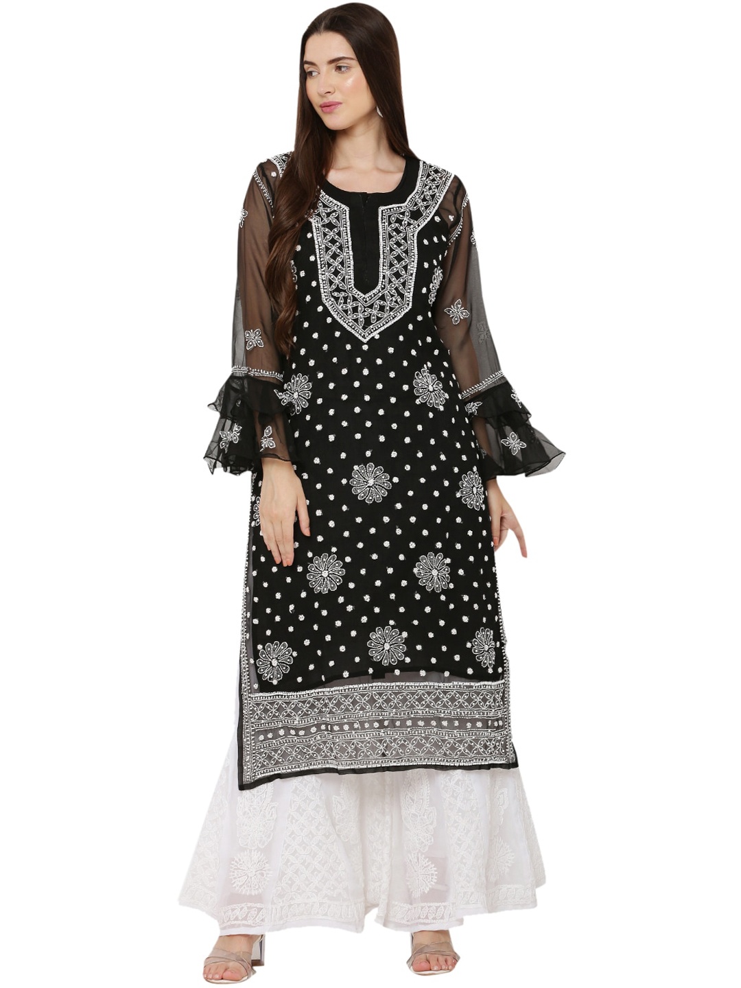 FAWOMENT Women Ethnic Motifs Embroidered Chikankari Bell Sleeves Georgette Kurta, Black
FAWOMENT Women Ethnic Motifs Embroidered Chikankari Bell Sleeves Georgette Kurta, Black