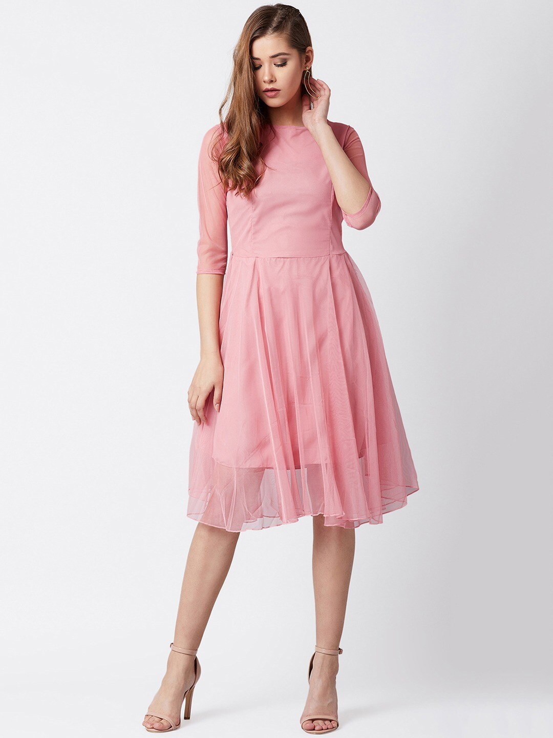 U&F Round Neck Net Fit And Flare Dress, Pink