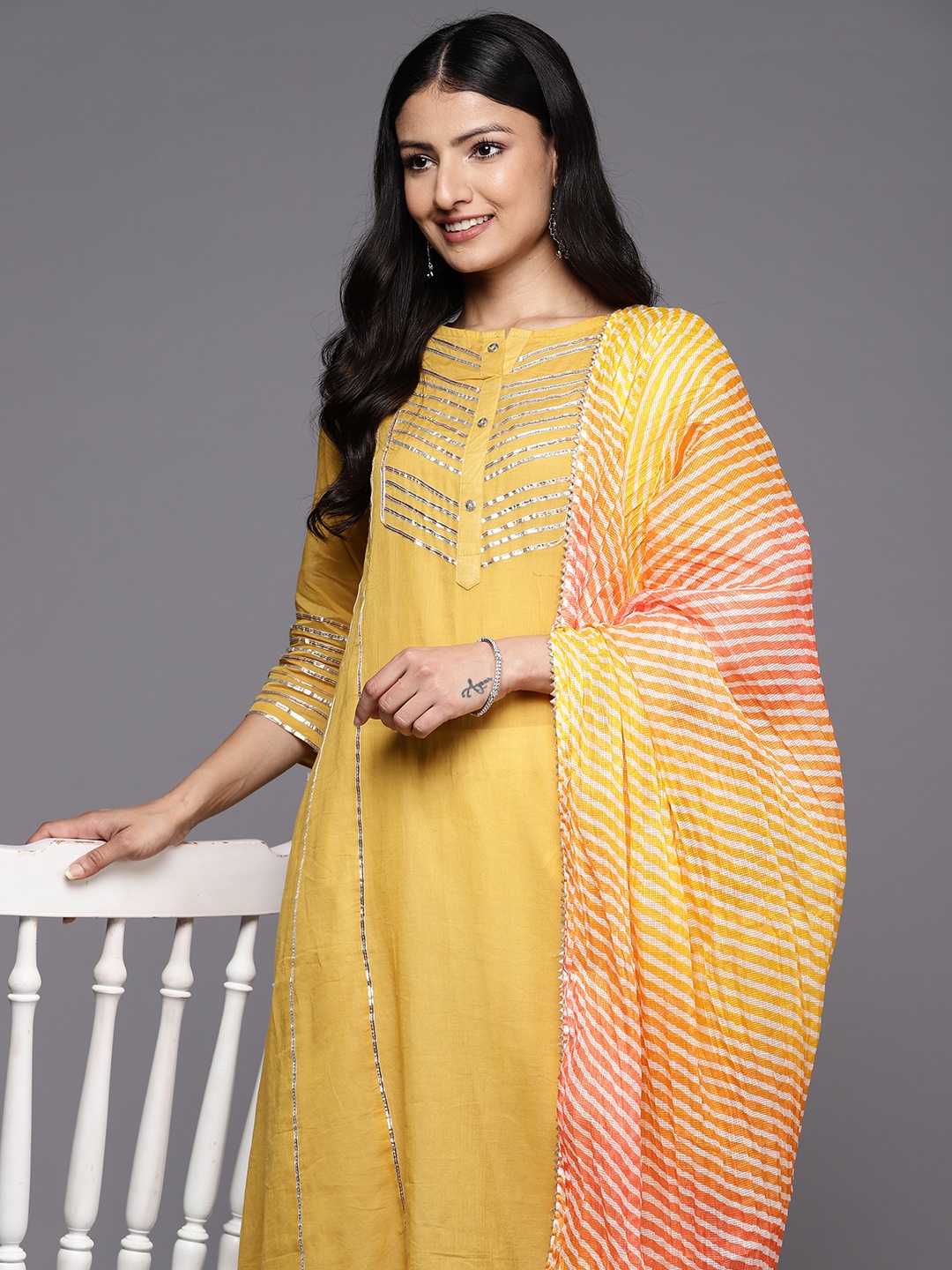 Varanga Striped Panelled Gotta Patti Pure Cotton Kurta With Palazzos & With Dupatta, Mustard
Varanga Striped Panelled Gotta Patti Pure Cotton Kurta With Palazzos & With Dupatta, Mustard