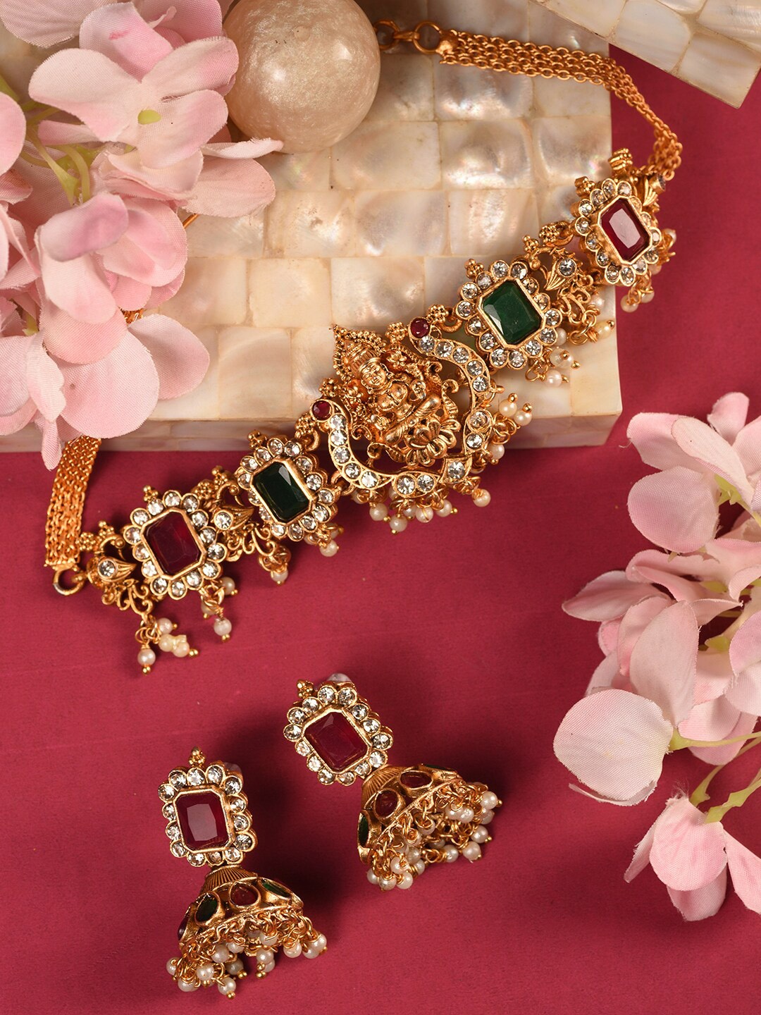 Saraf RS Jewellery Gold-Plated AD-Studded & Beaded Temple Necklace and Earrings, Pink
Saraf RS Jewellery Gold-Plated AD-Studded & Beaded Temple Necklace and Earrings, Pink