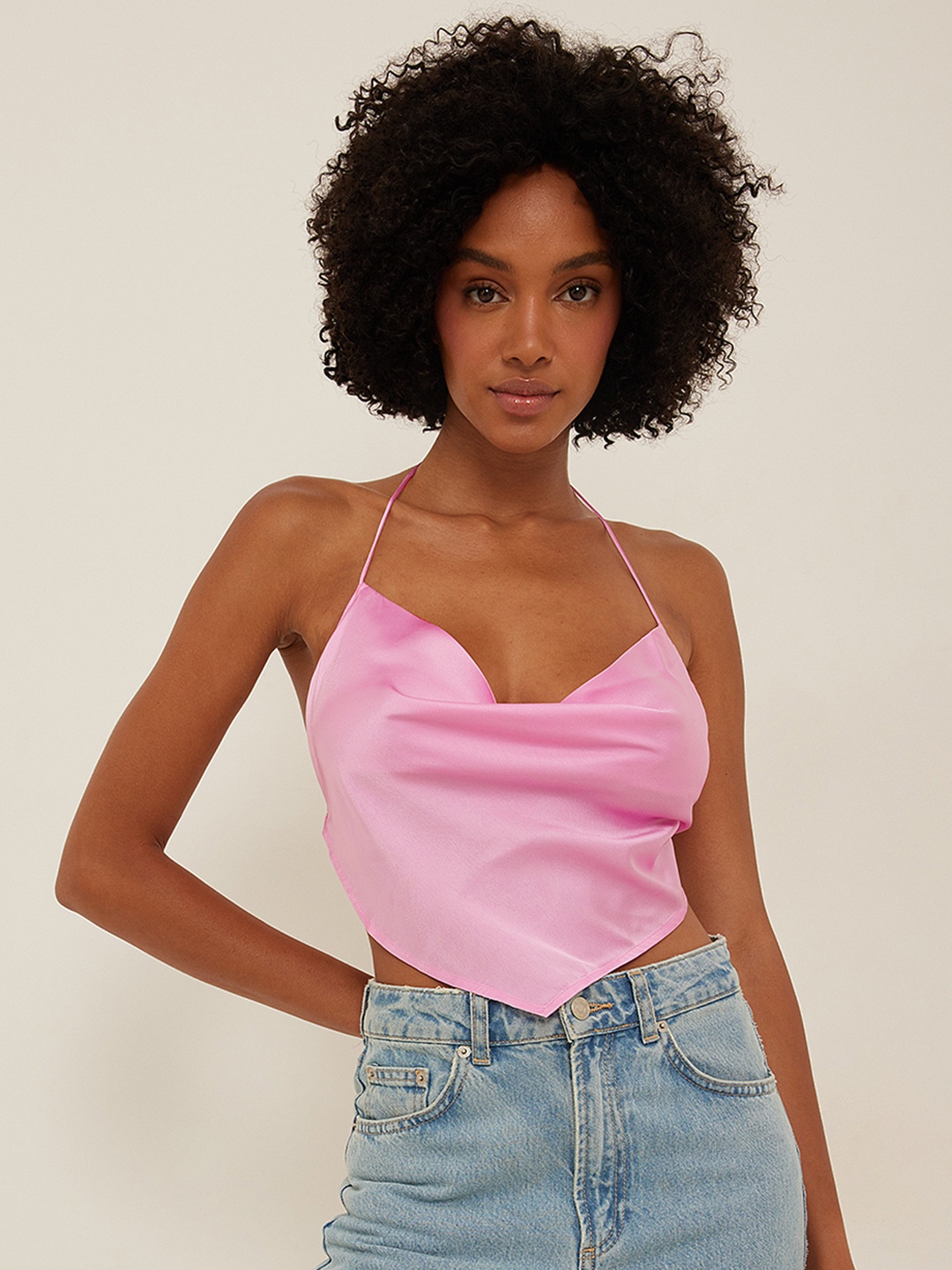 NA-KD Halter Neck Satin Finish Crop Top, Pink