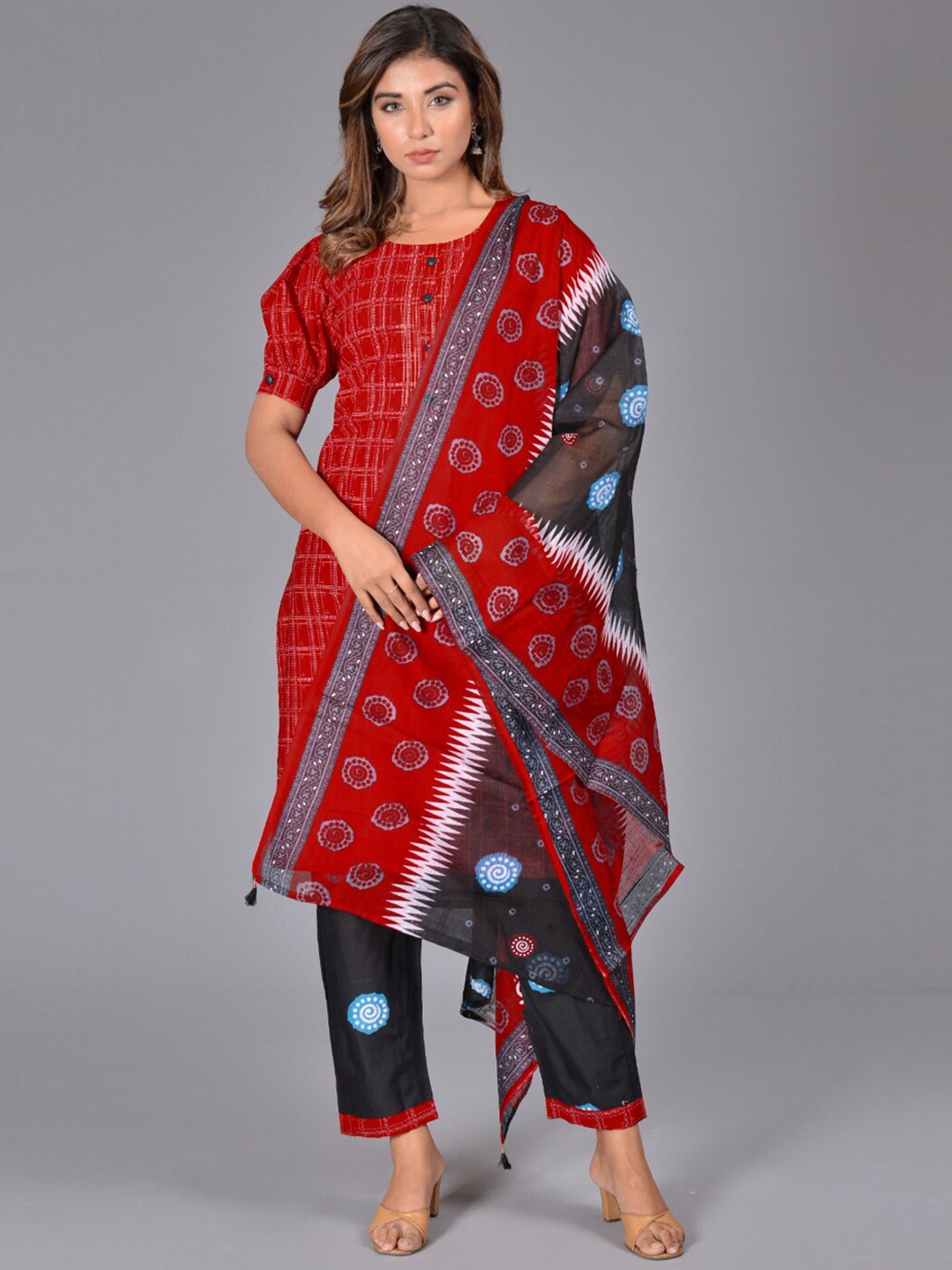 Bachuu Printed Pure Cotton Kurta with Trousers & Dupatta, Red