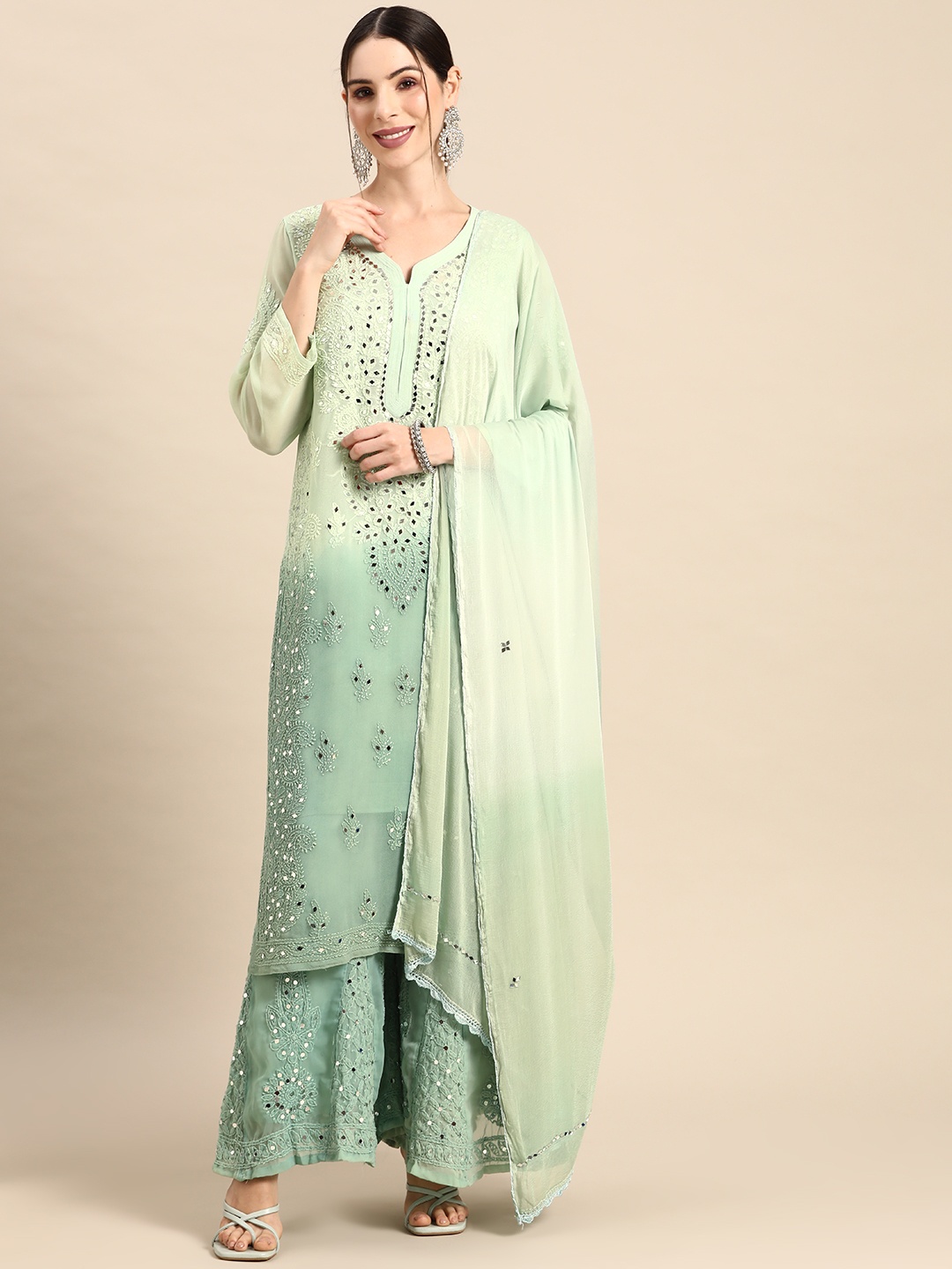 Saadgi Ethnic Motifs Embroidered Chikankari Kurta With Sharara & With Dupatta, Sea green
Saadgi Ethnic Motifs Embroidered Chikankari Kurta With Sharara & With Dupatta, Sea green