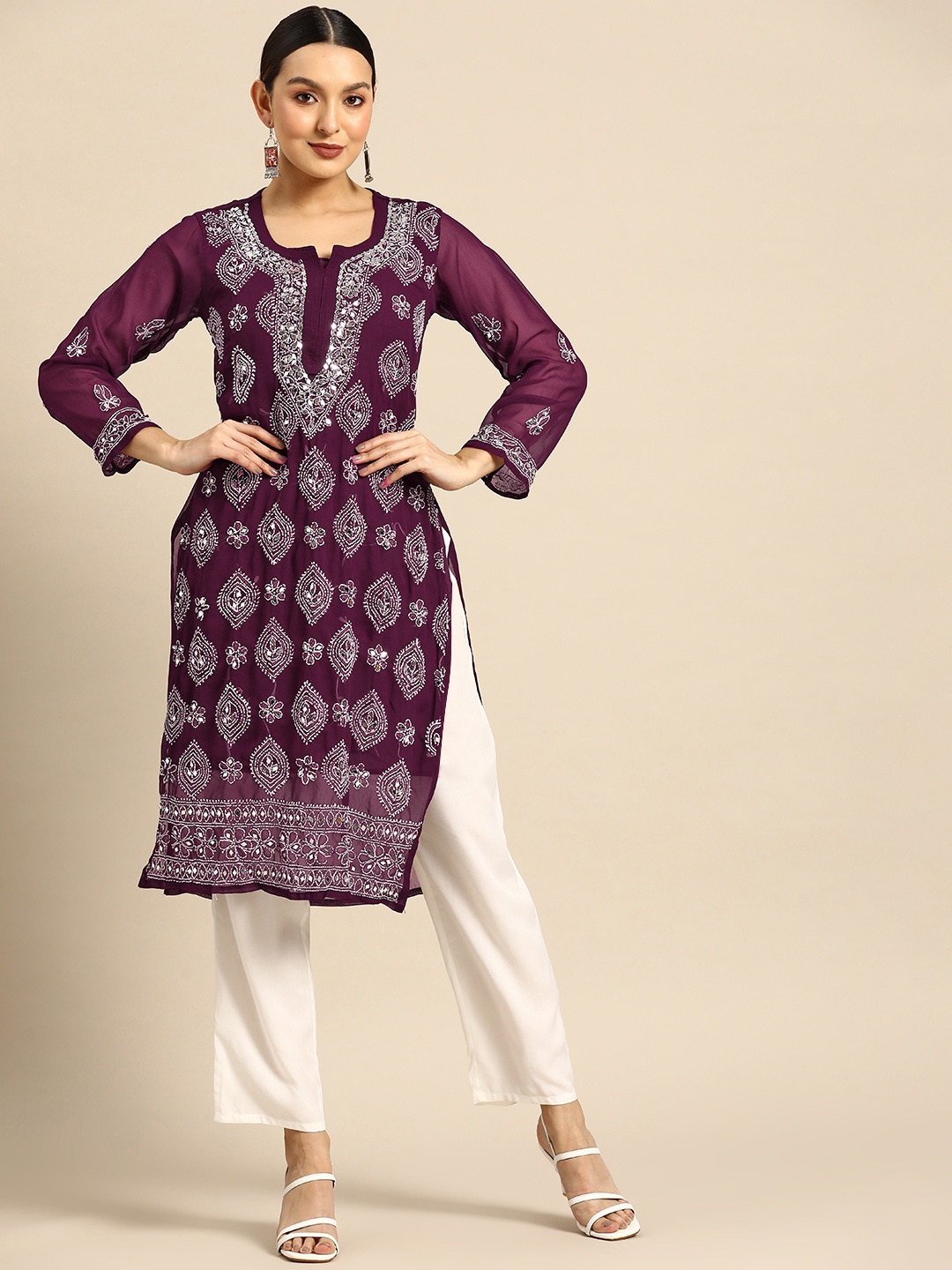 Saadgi Ethnic Motifs Embroidered Chikankari Mirror Work Georgette Kurta, Purple