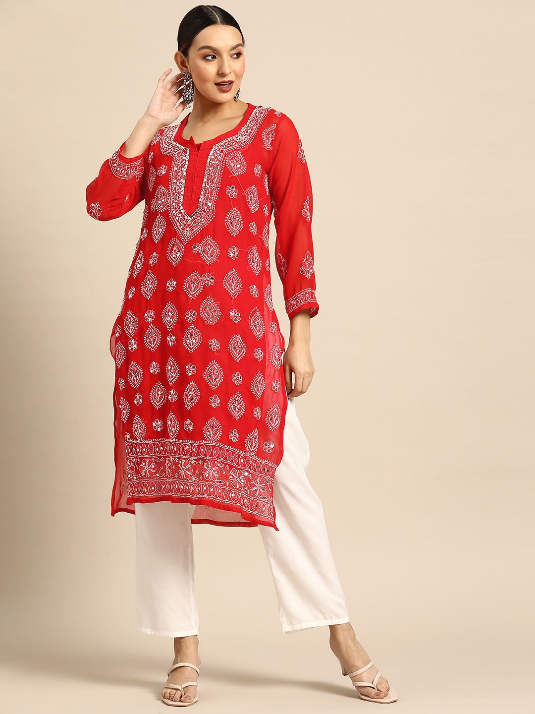 Saadgi Ethnic Motifs Embroidered Chikankari Mirror Work Georgette Kurta, Red