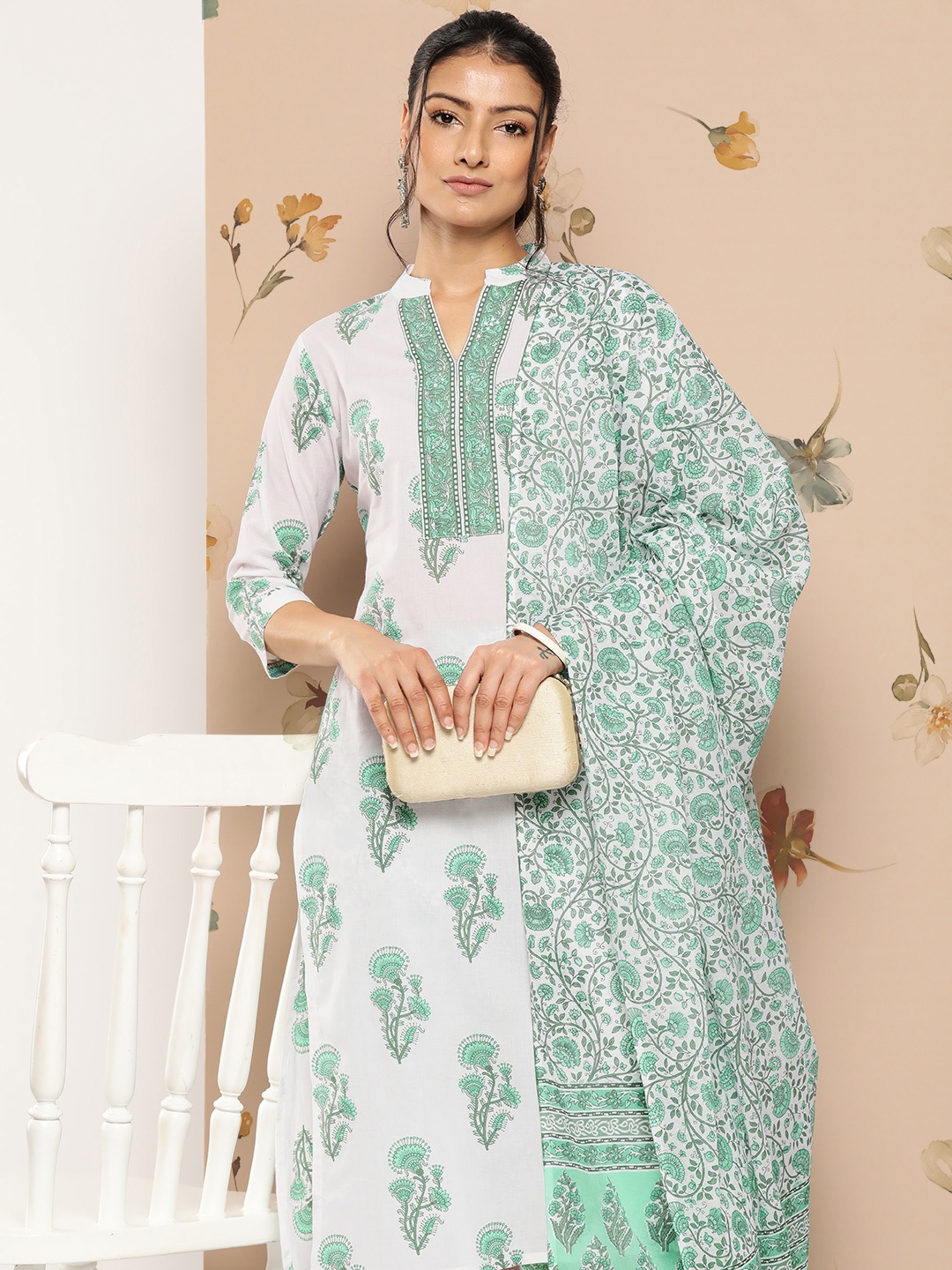 Yufta Floral Printed Pure Cotton Kurta With Trousers & With Dupatta, White