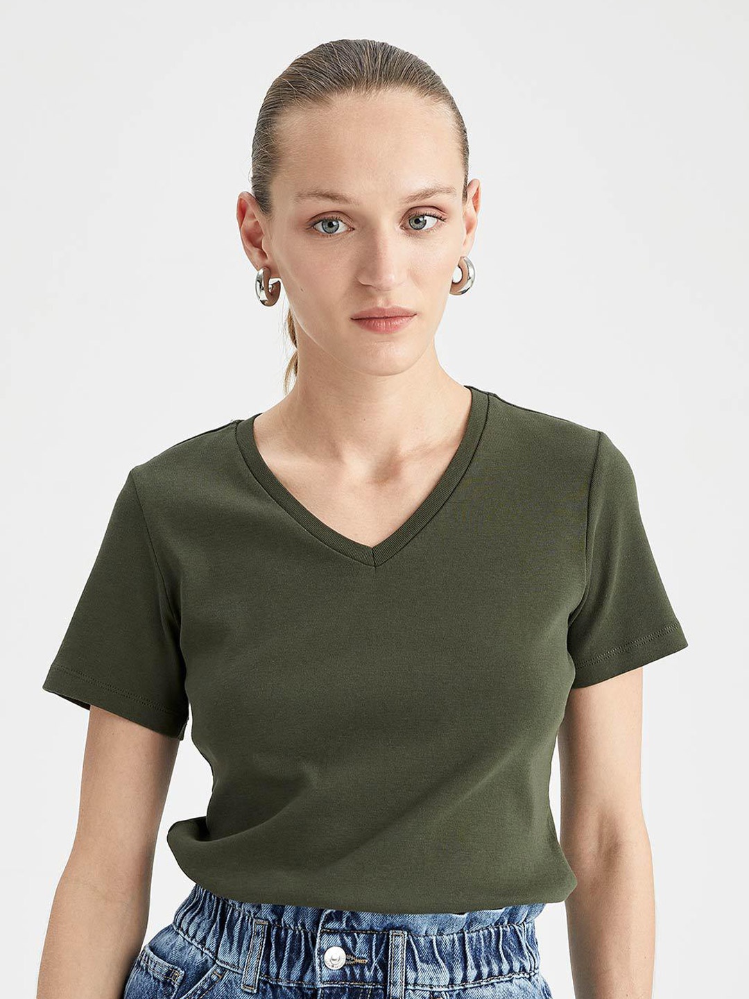 DeFacto V-Neck Regular Fit T-shirt, Olive