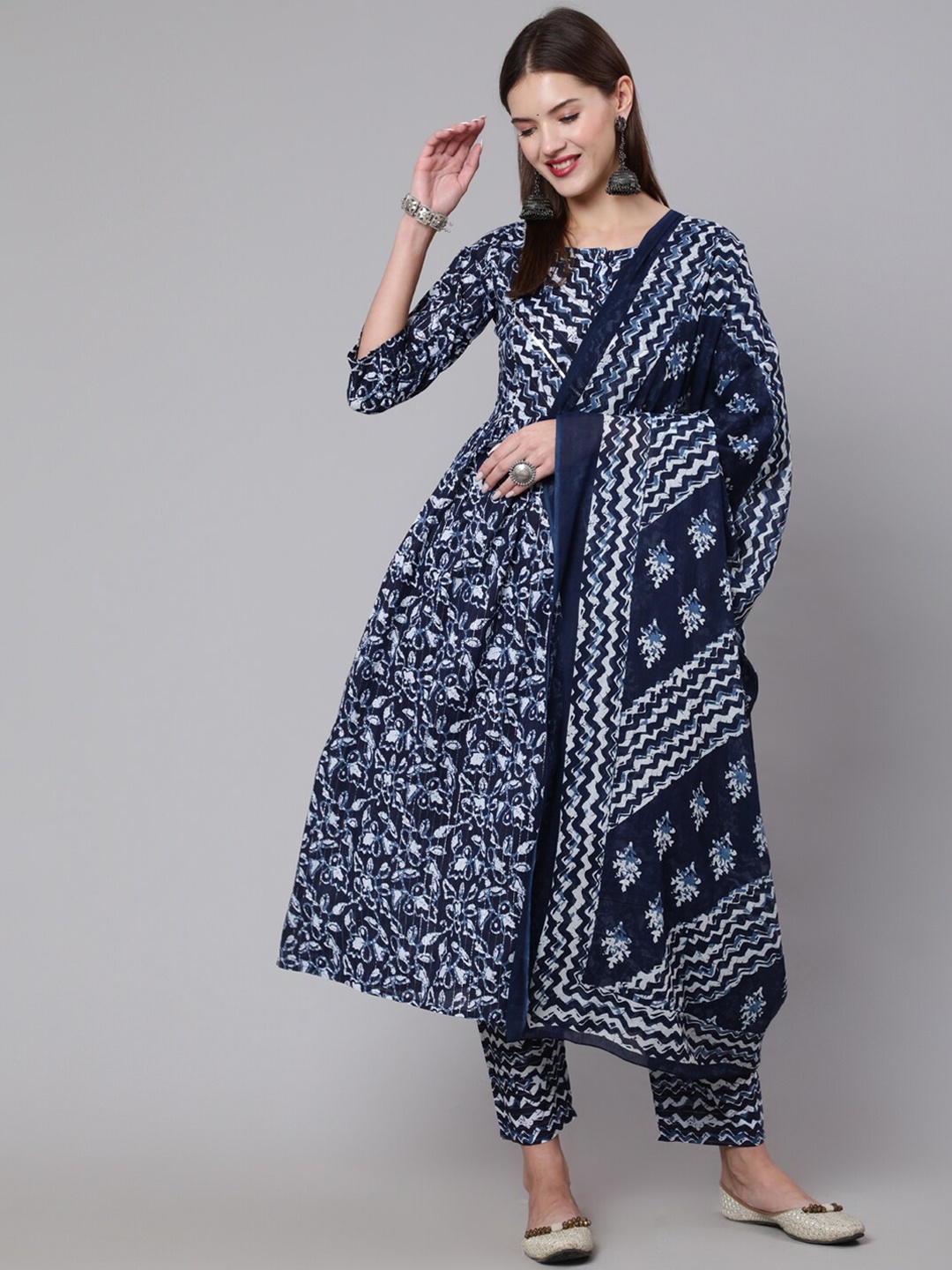 Nayo Printed Gotta Patti Pure Cotton Anarkali Kurta with Trousers & Dupatta, Navy blue
Nayo Printed Gotta Patti Pure Cotton Anarkali Kurta with Trousers & Dupatta, Navy blue