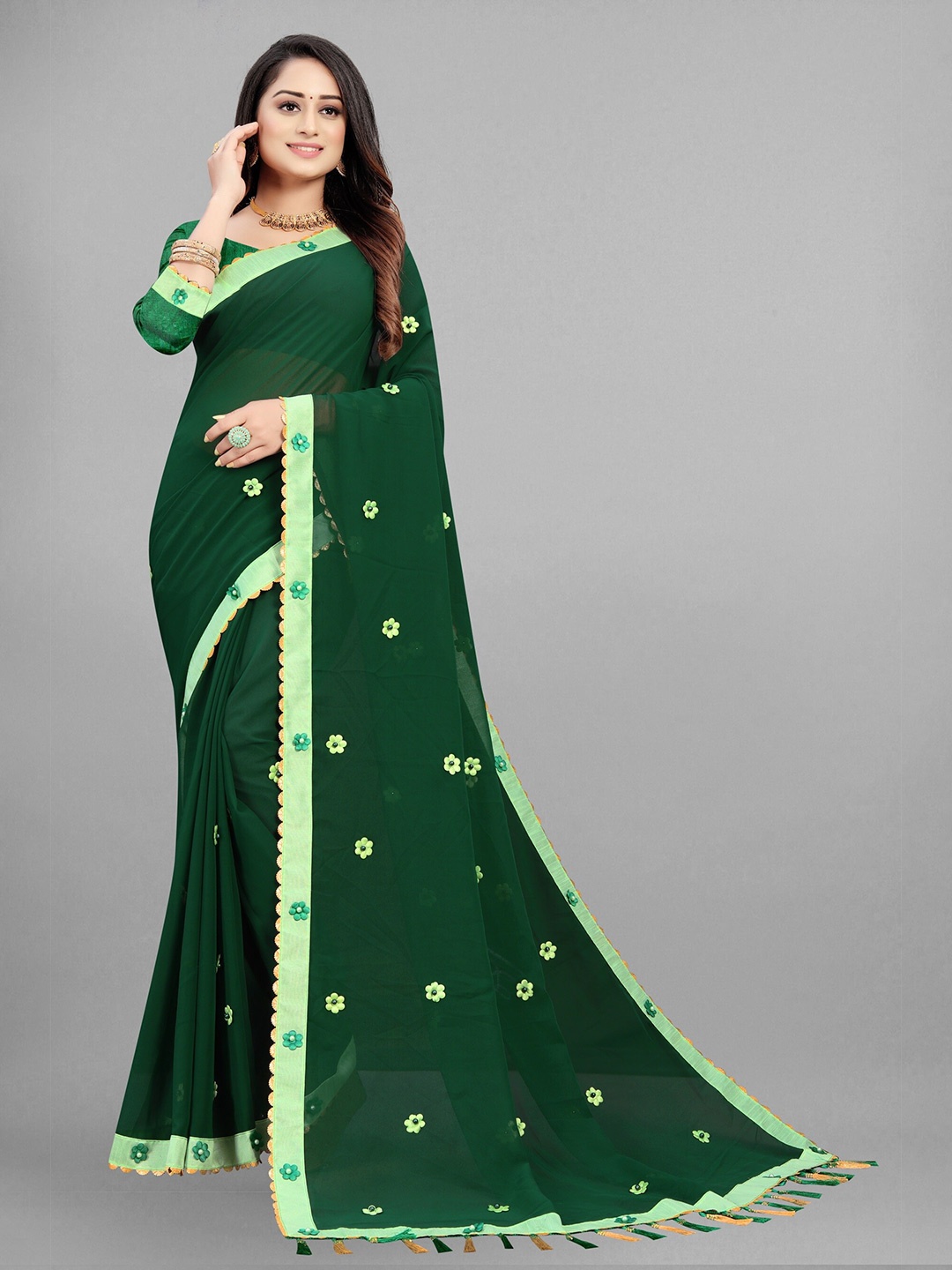 Fashion FRICKS Floral Embellished Pure Georgette Saree, Green
