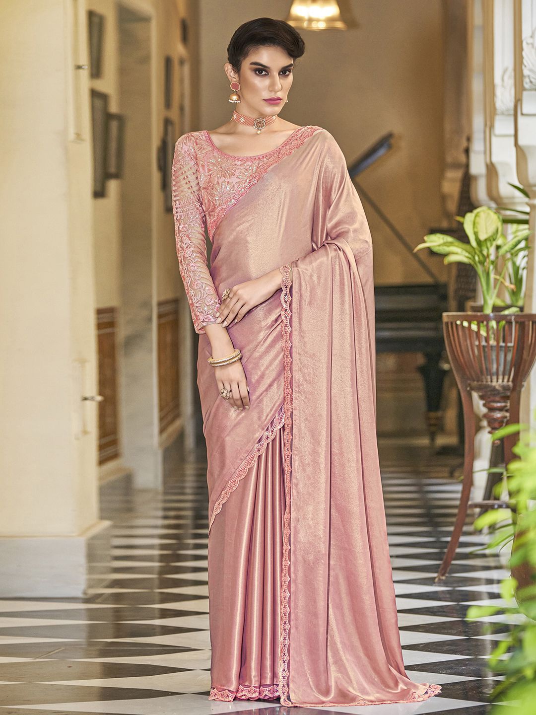 Satrani Border Embroidered Saree, Pink
