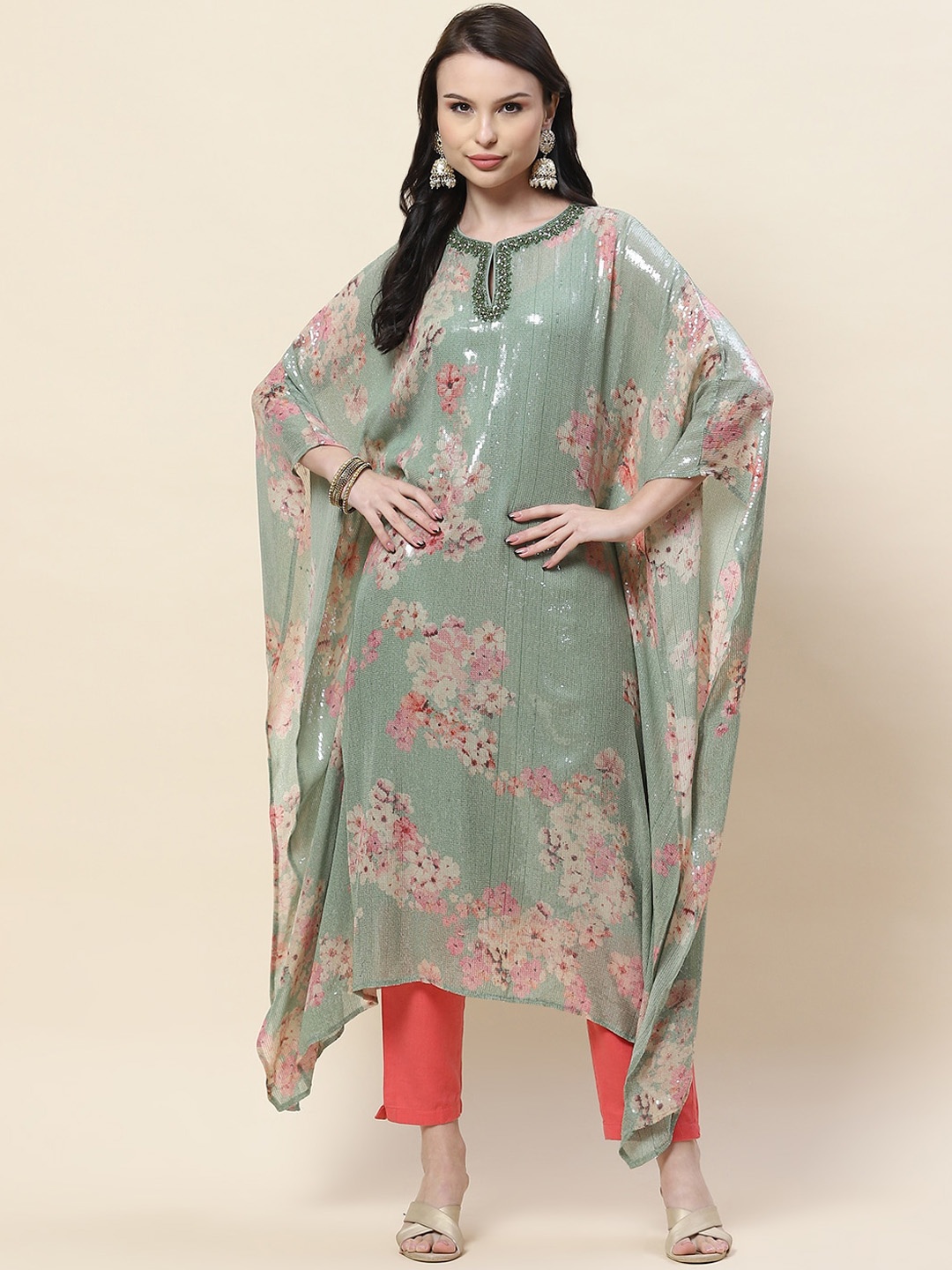 Meena Bazaar Floral Printed Keyhole Neck Flared Sleeves Georgette Kaftan Kurta, Green
Meena Bazaar Floral Printed Keyhole Neck Flared Sleeves Georgette Kaftan Kurta, Green