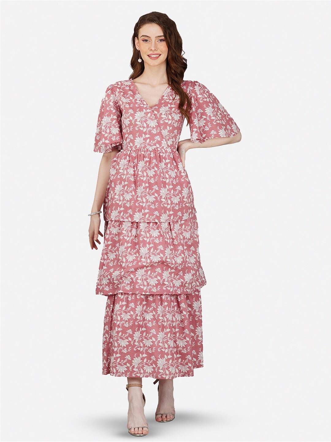 GULAB CHAND TRENDS Floral Printed V Neck Flared Sleeves Cotton Wrap Maxi Dress, Pink