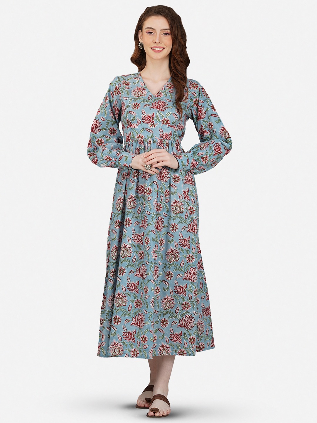 GULAB CHAND TRENDS Floral Printed V Neck Cuffed Sleeves Cotton Fit & Flare Dress, Blue
GULAB CHAND TRENDS Floral Printed V Neck Cuffed Sleeves Cotton Fit & Flare Dress, Blue