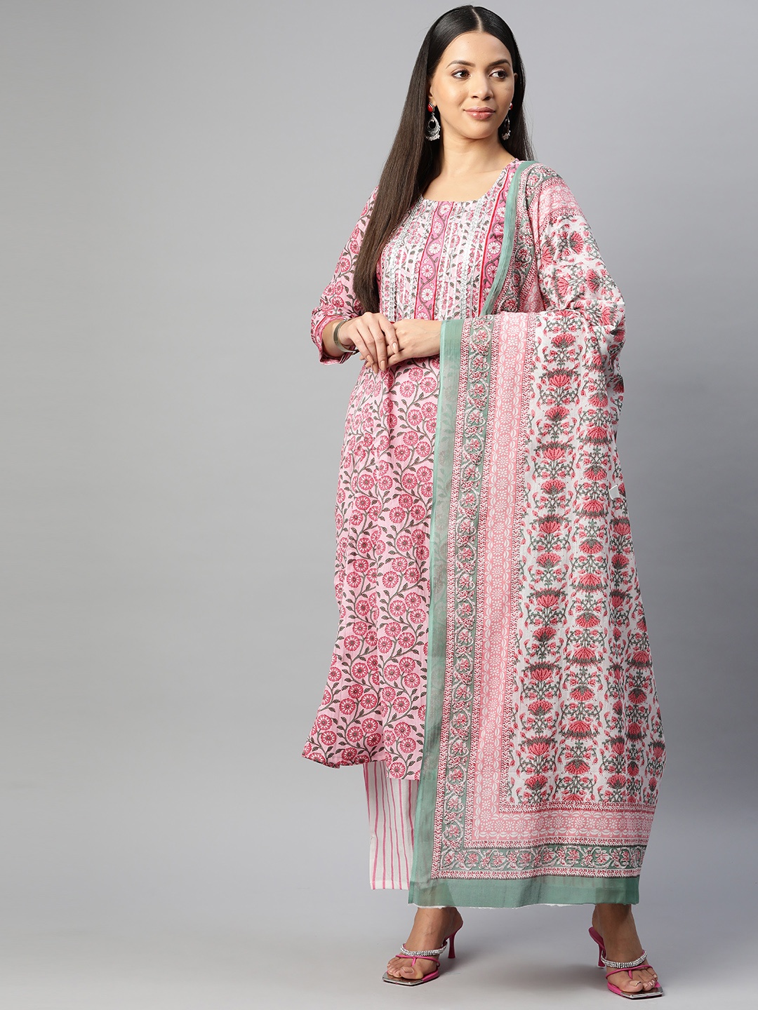 BUTA BUTI Printed Pure Cotton Unstitched Dress Material, Pink