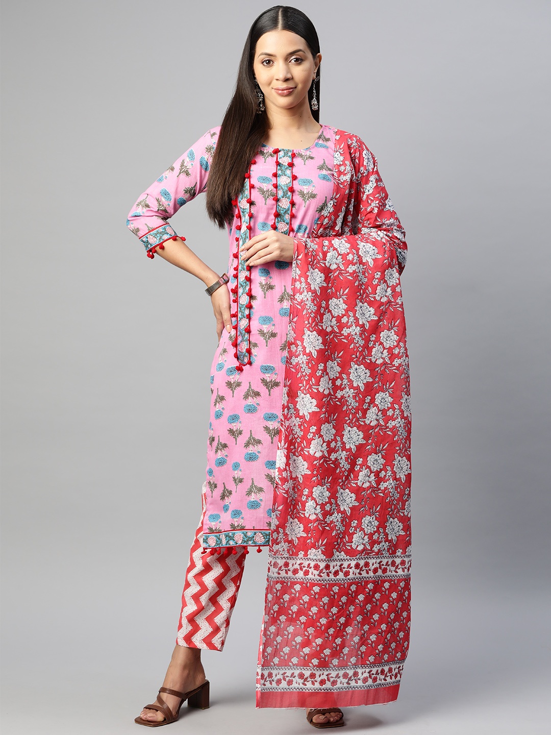 BUTA BUTI Printed Pure Cotton Unstitched Dress Material, Pink