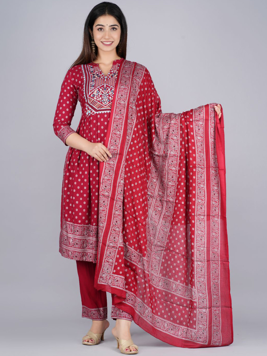 FABISTA Ethnic Motifs Printed Pleated Mirror Work Kurta with Trousers & With Dupatta, Maroon
FABISTA Ethnic Motifs Printed Pleated Mirror Work Kurta with Trousers & With Dupatta, Maroon