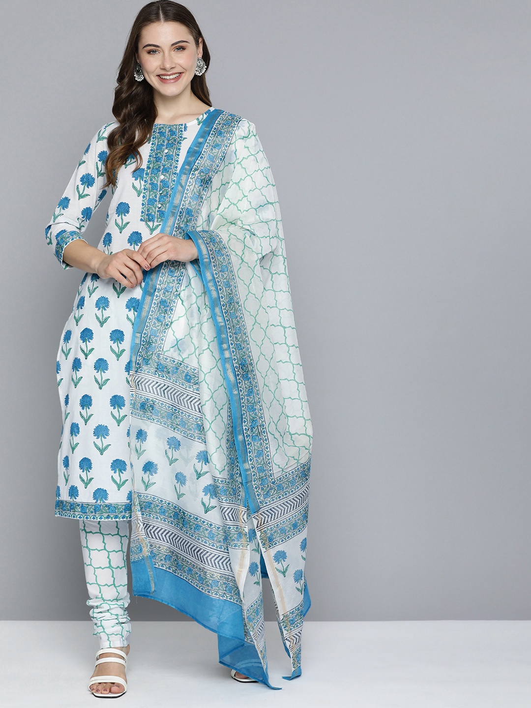 HERE&NOW Floral Printed Regular Pure Cotton Kurta with Churidar & With Dupatta, White
HERE&NOW Floral Printed Regular Pure Cotton Kurta with Churidar & With Dupatta, White