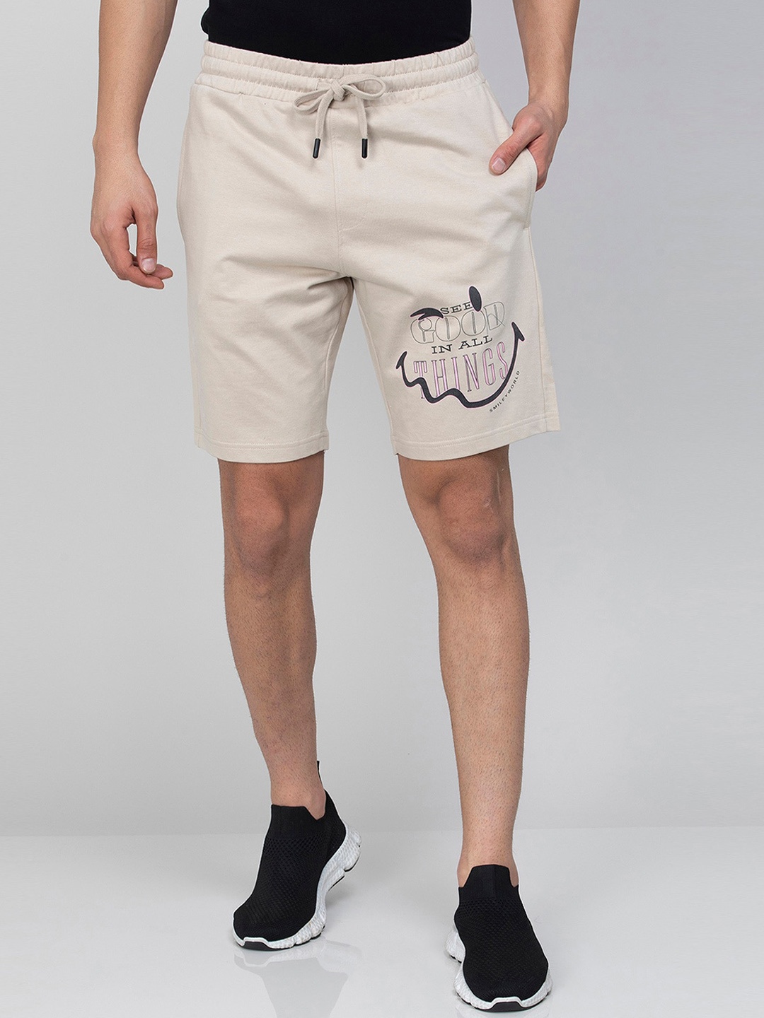 SmileyWorld Men Cotton Mid-Rise Shorts, Beige